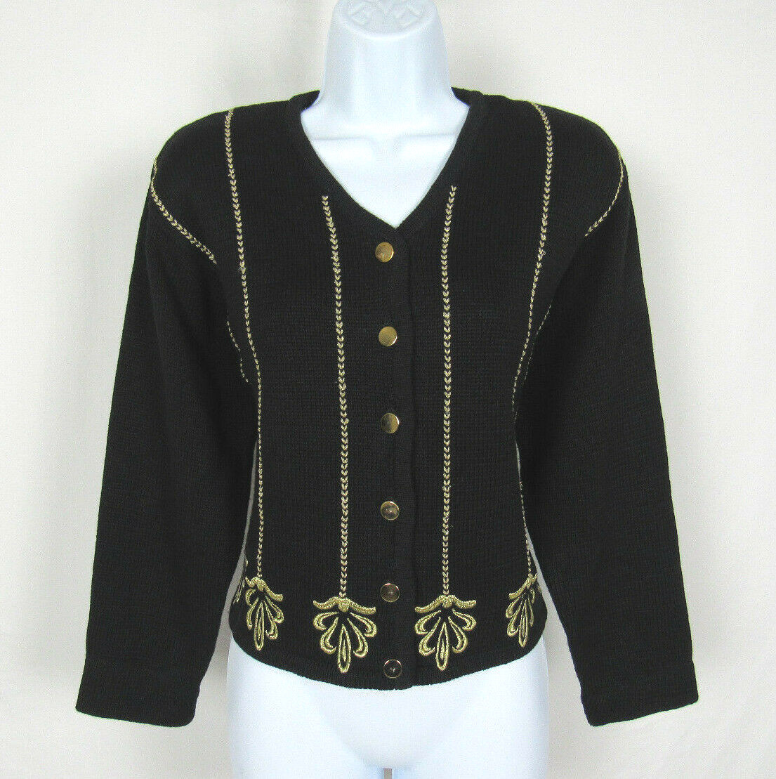 VTG 1980s LISE J. BLACK COTTON RAMIE MEDIUM GOLDEN EMBROIDERY GOLDEN BUTTONS