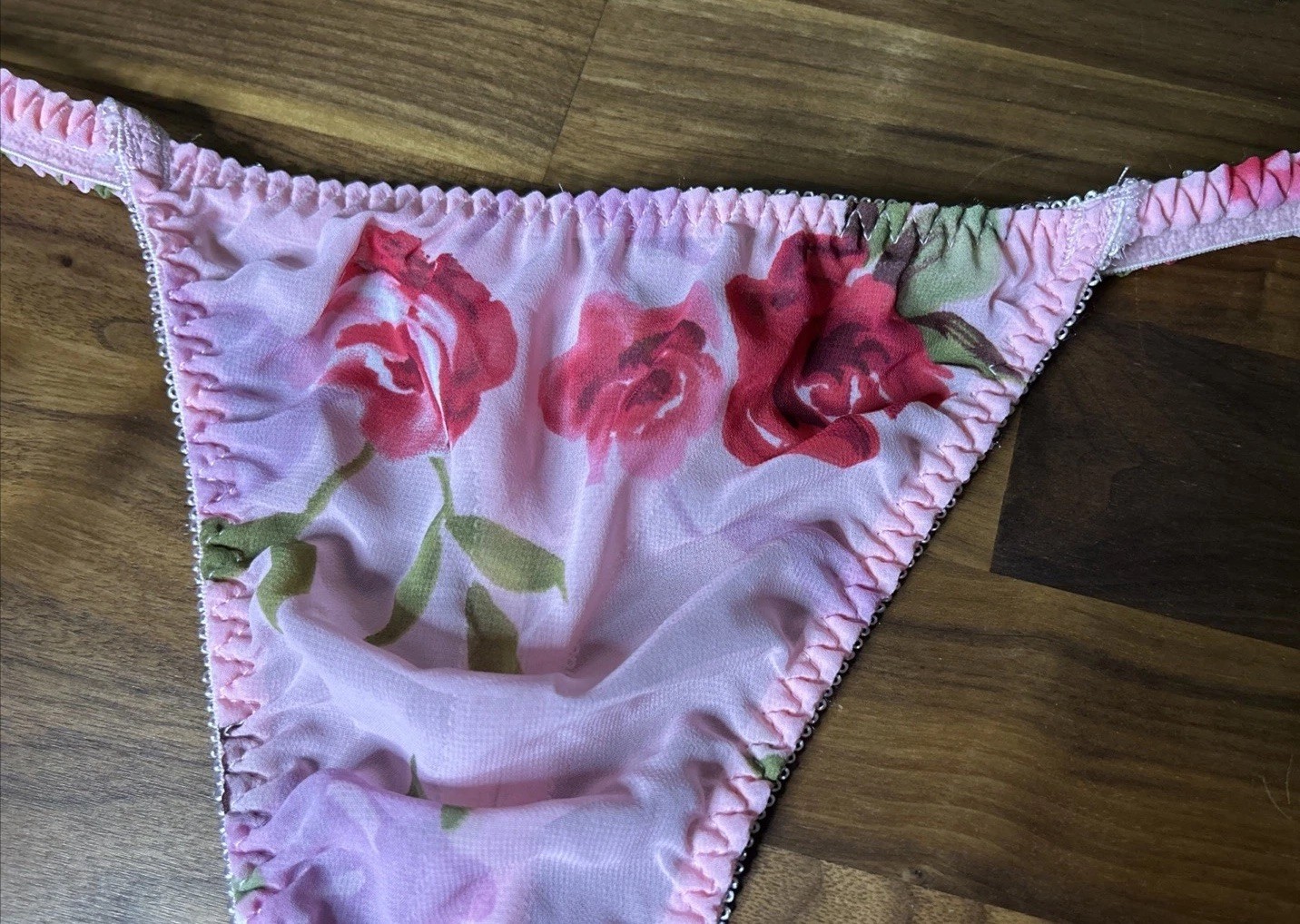 Vintage V String Thong Panties Nylon Chiffon M High Cut Pink Roses Second Skin