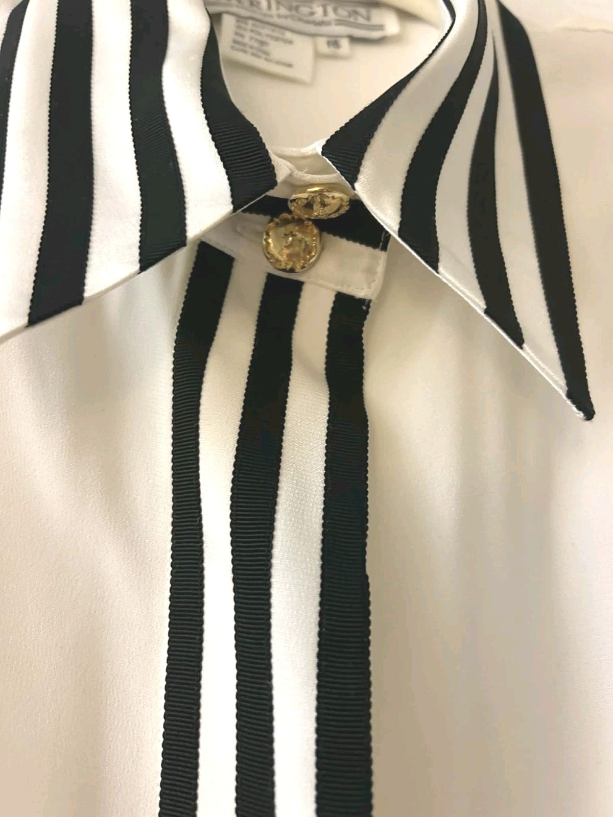Vintage 80s Starington White Statement Blouse Black Stripe Twee Coquette Size 16