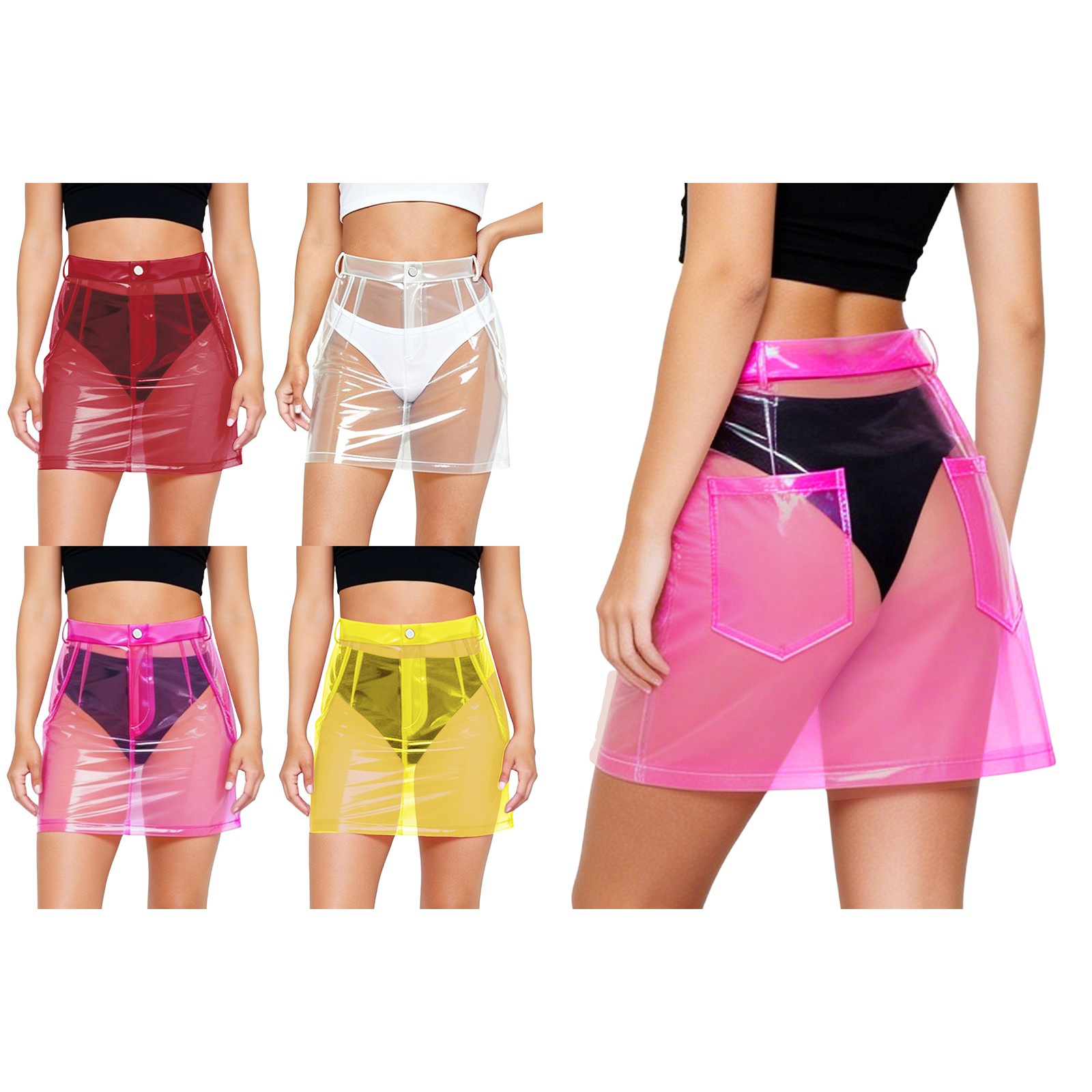 Women Transparent Plastic Pvc Skirt Front Zipper Streetwear Cover Up Skirt Club