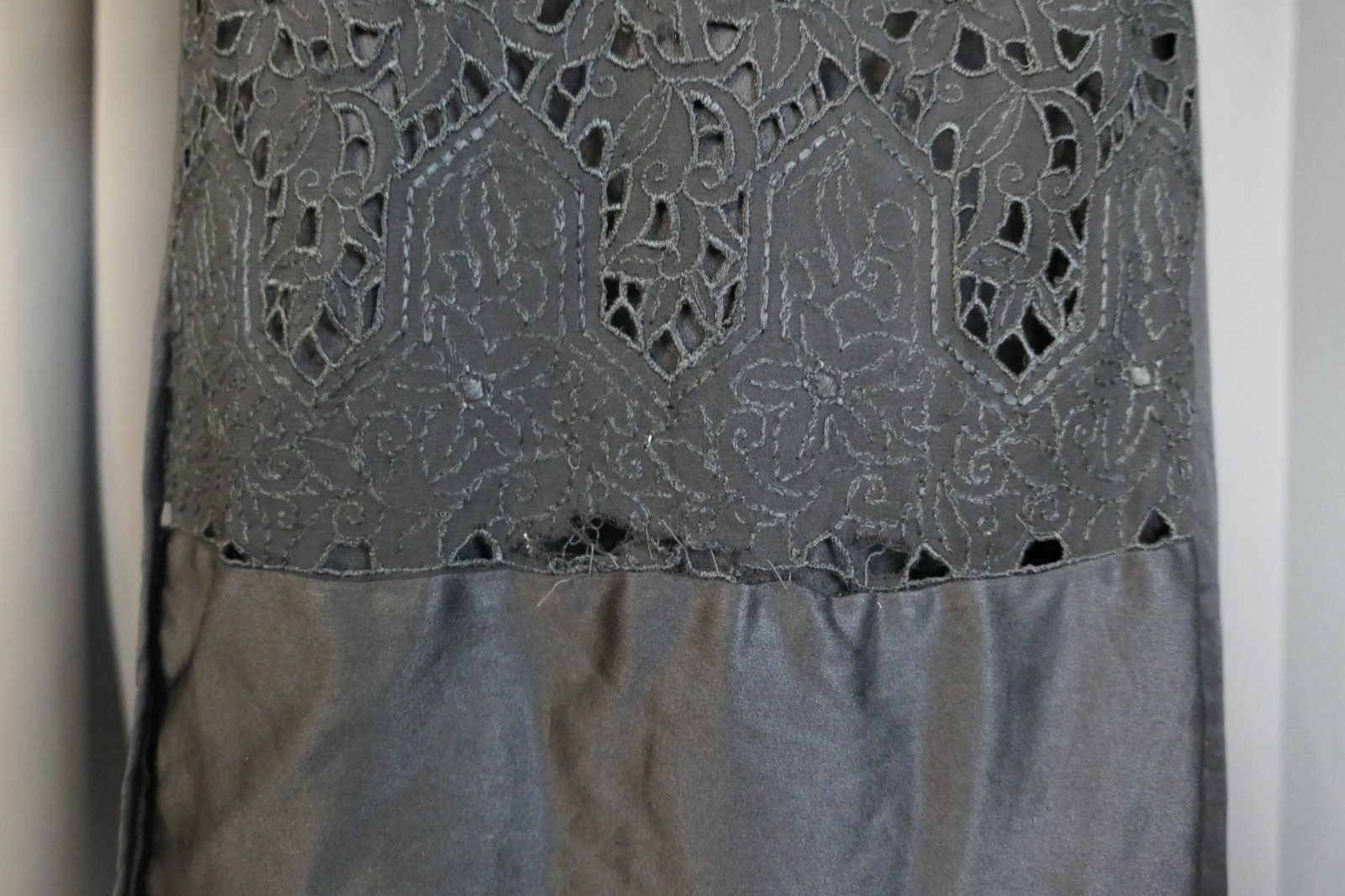 Damaged 1910s Black Silk Satin Dress, Eyelet Panel, 40 inch bust, Ankle length
