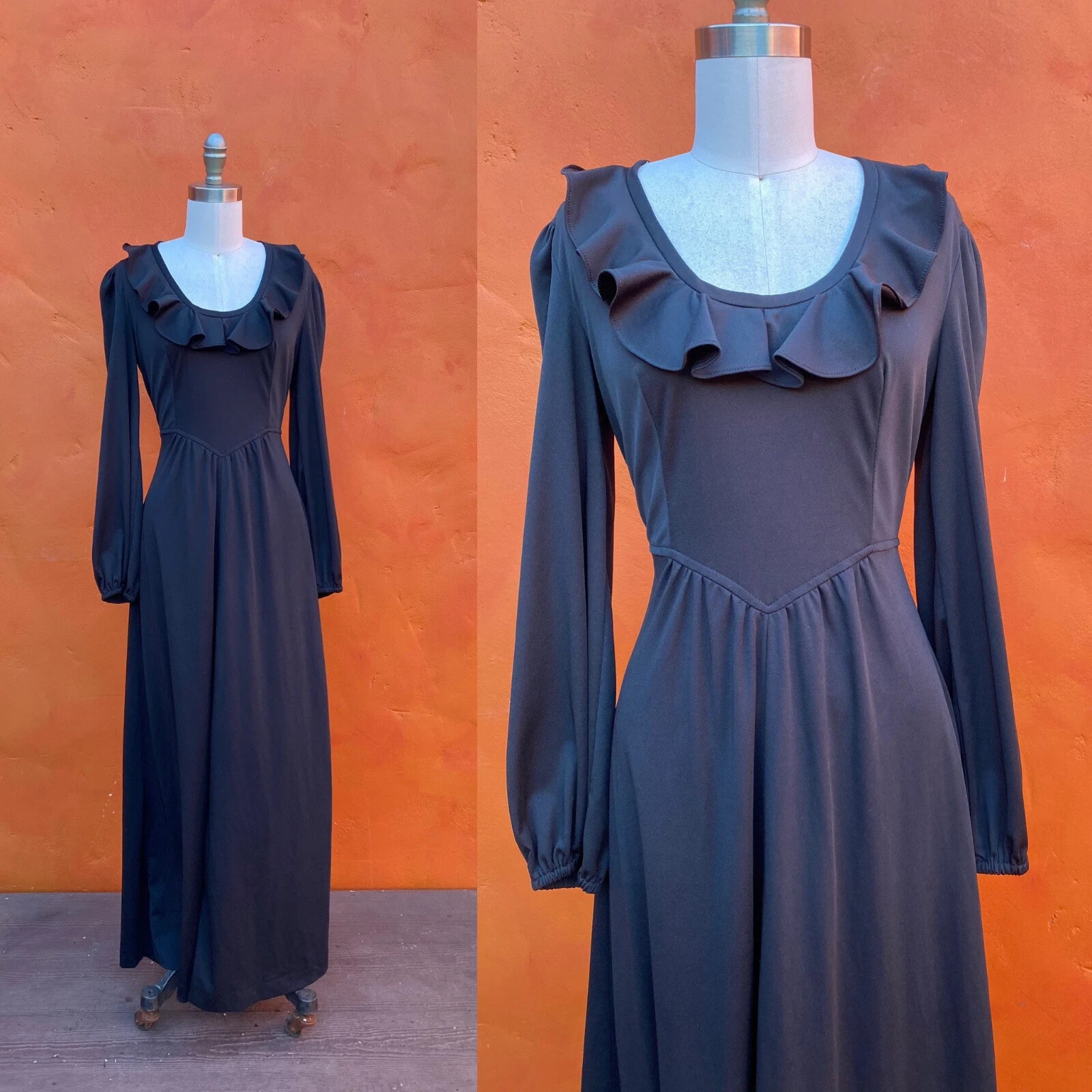 Dark Romantic Vintage 1970s Black Maxi Dress – Ruffle Collar Goth Gothic Witchy