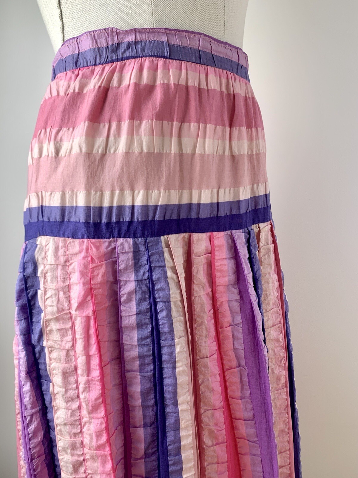 Vintage 1970s Maxi Skirt Madras Seersucker Pastel Rainbow Stripe Handmade S/M