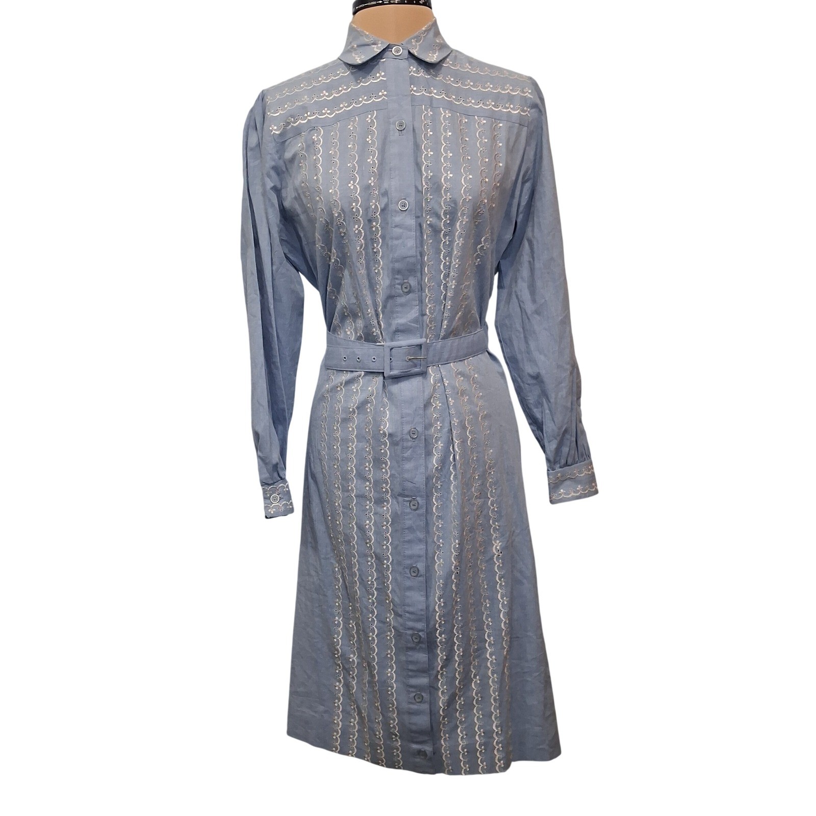 Serbin Marianne Shirt Dress Rockabilly Blue Eyelet Embroidered Belted SZ 10 USA