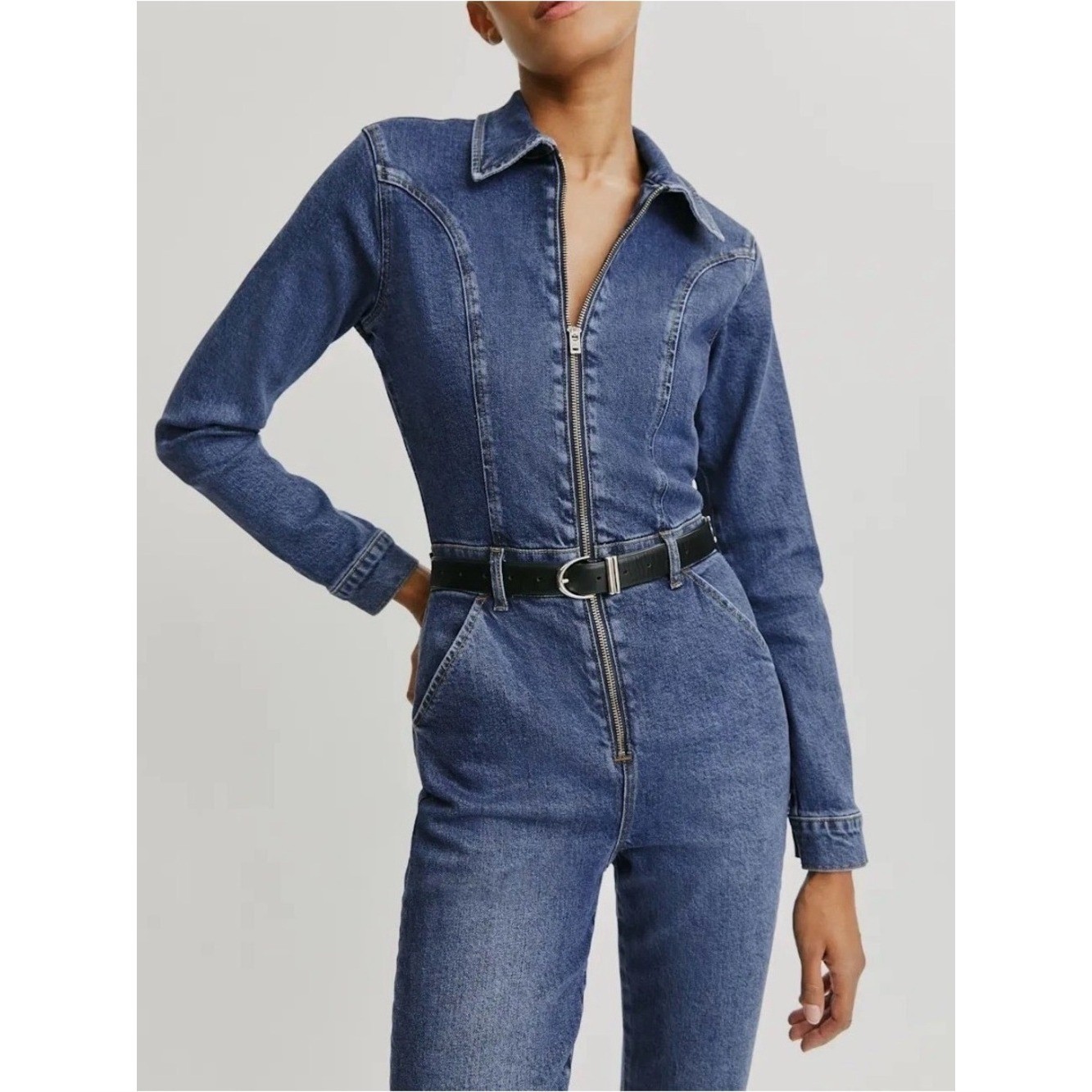 Reformation Talia Retro Flare Denim Jumpsuit Size 2 Comfort Stretch Blue