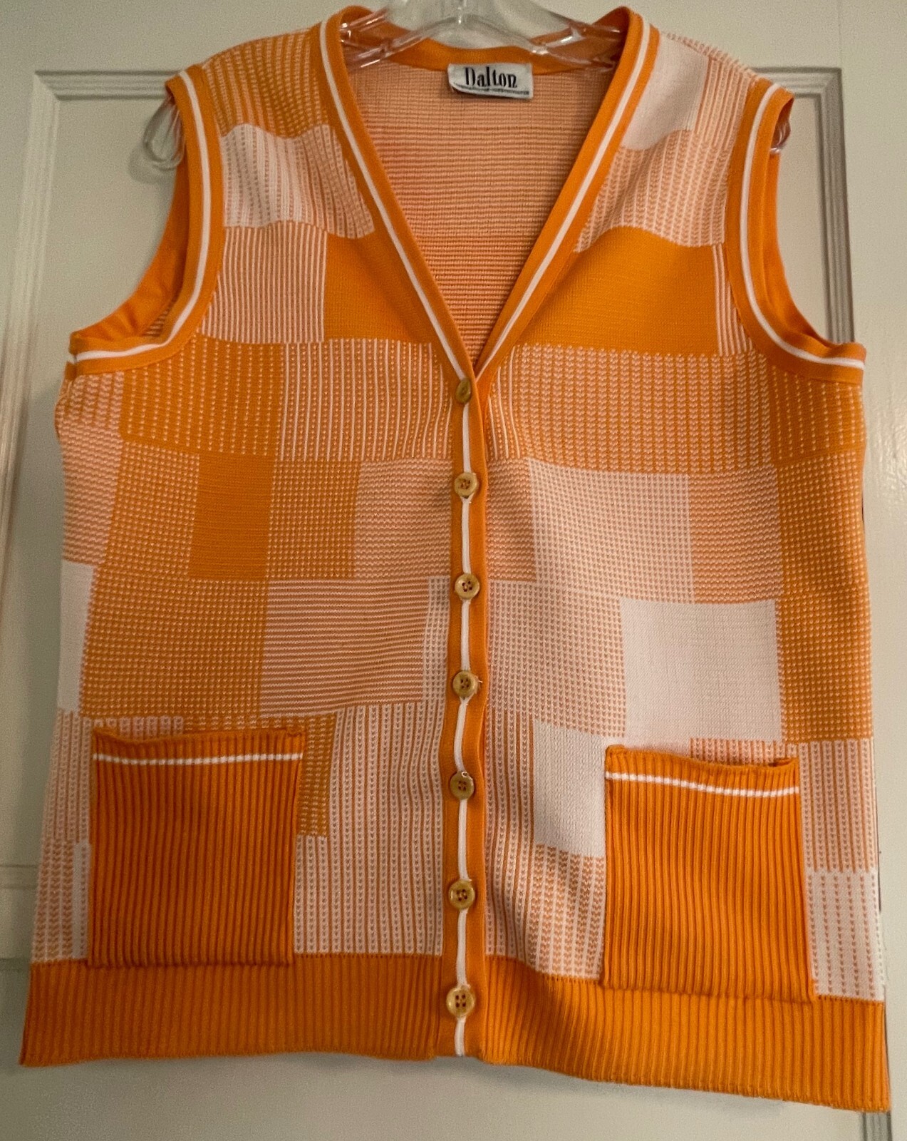 VINTAGE DALTON, UNISEX POLYESTER ORANGE PATCHWORK PLAID VEST, 41″ CHEST