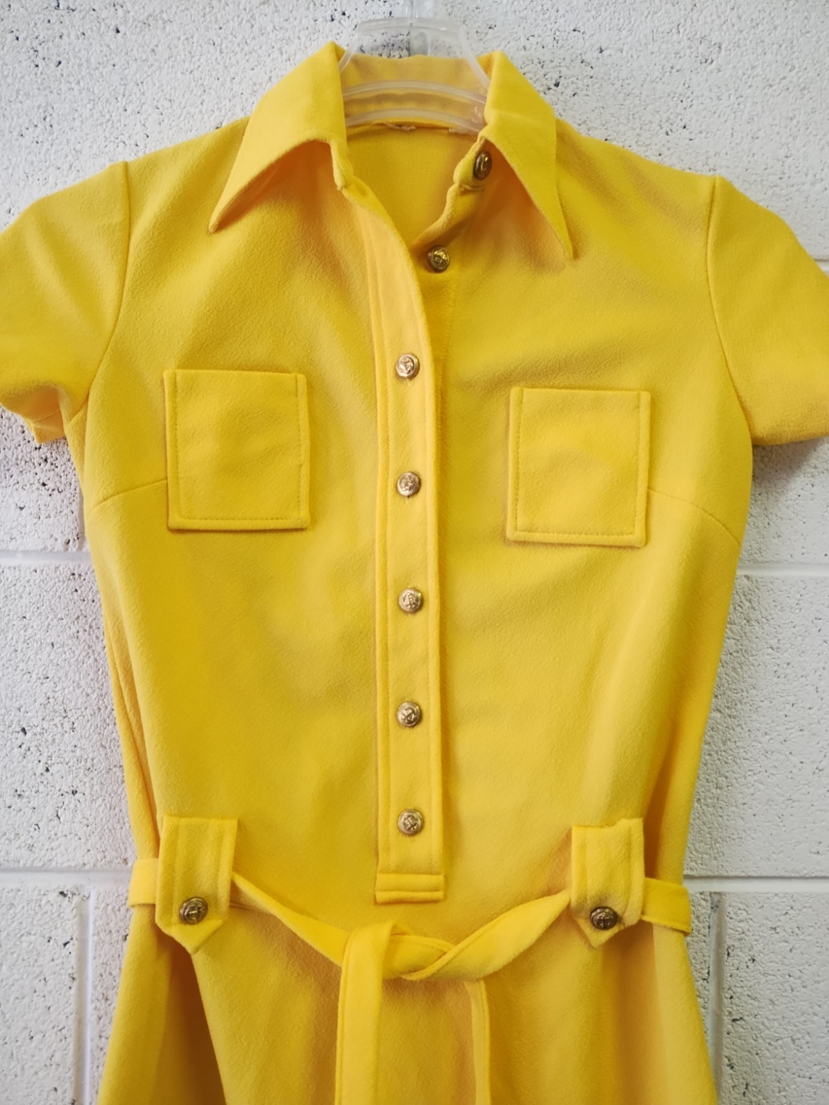 Vintage 1970’s Yellow Polyester Dress Brass Nautical Buttons Belt Pockets SM/M