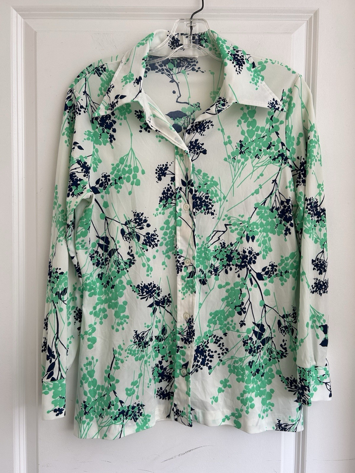 VTG 70’S ALFRED DUNNER POLYESTER DISCO FLORAL SHIRT BLOUSE DAGGER COLLAR TAG 14