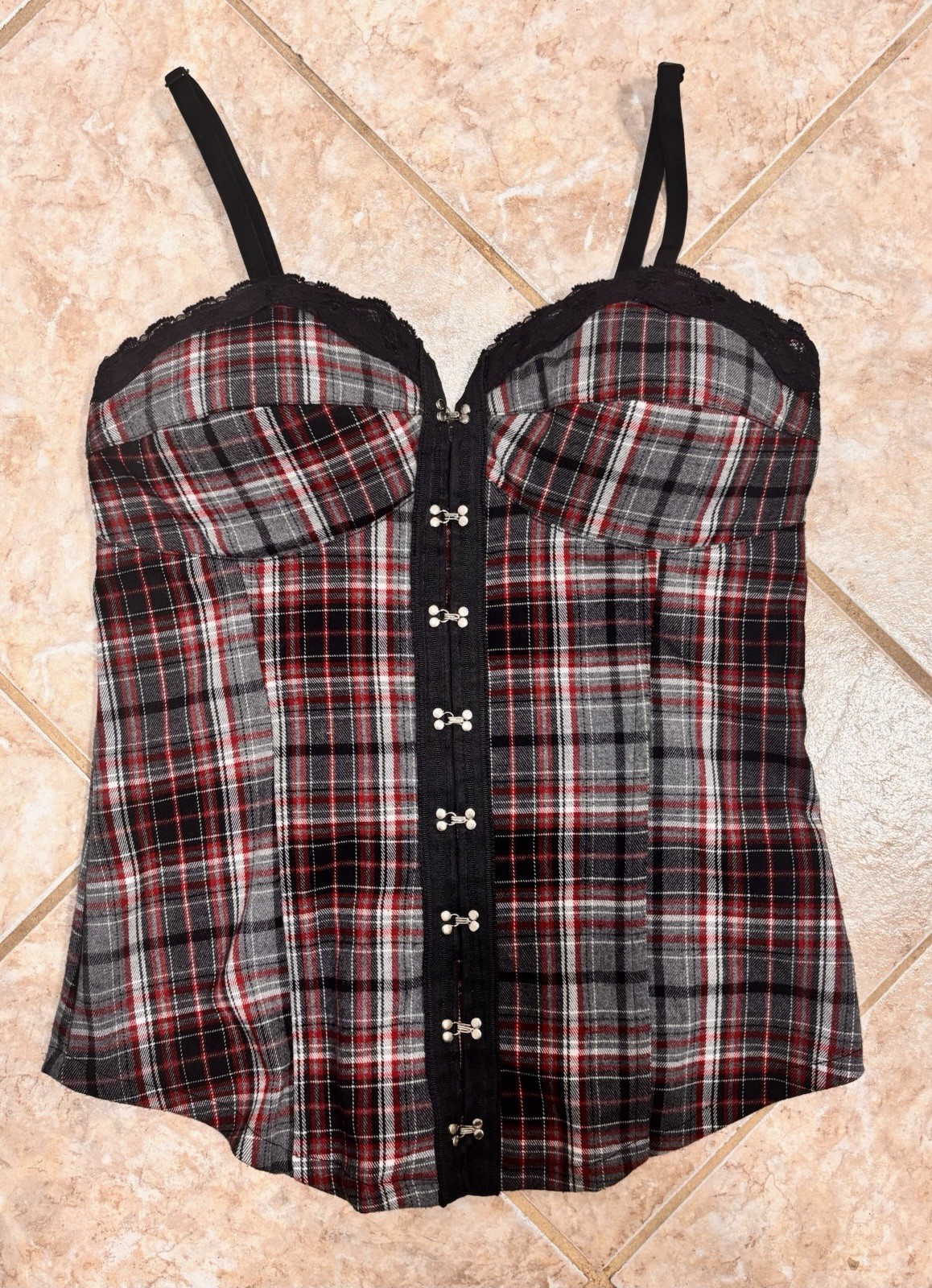 Vtg Y2K Goth Corset Plaid Grunge Punk Biker Red/Black Top