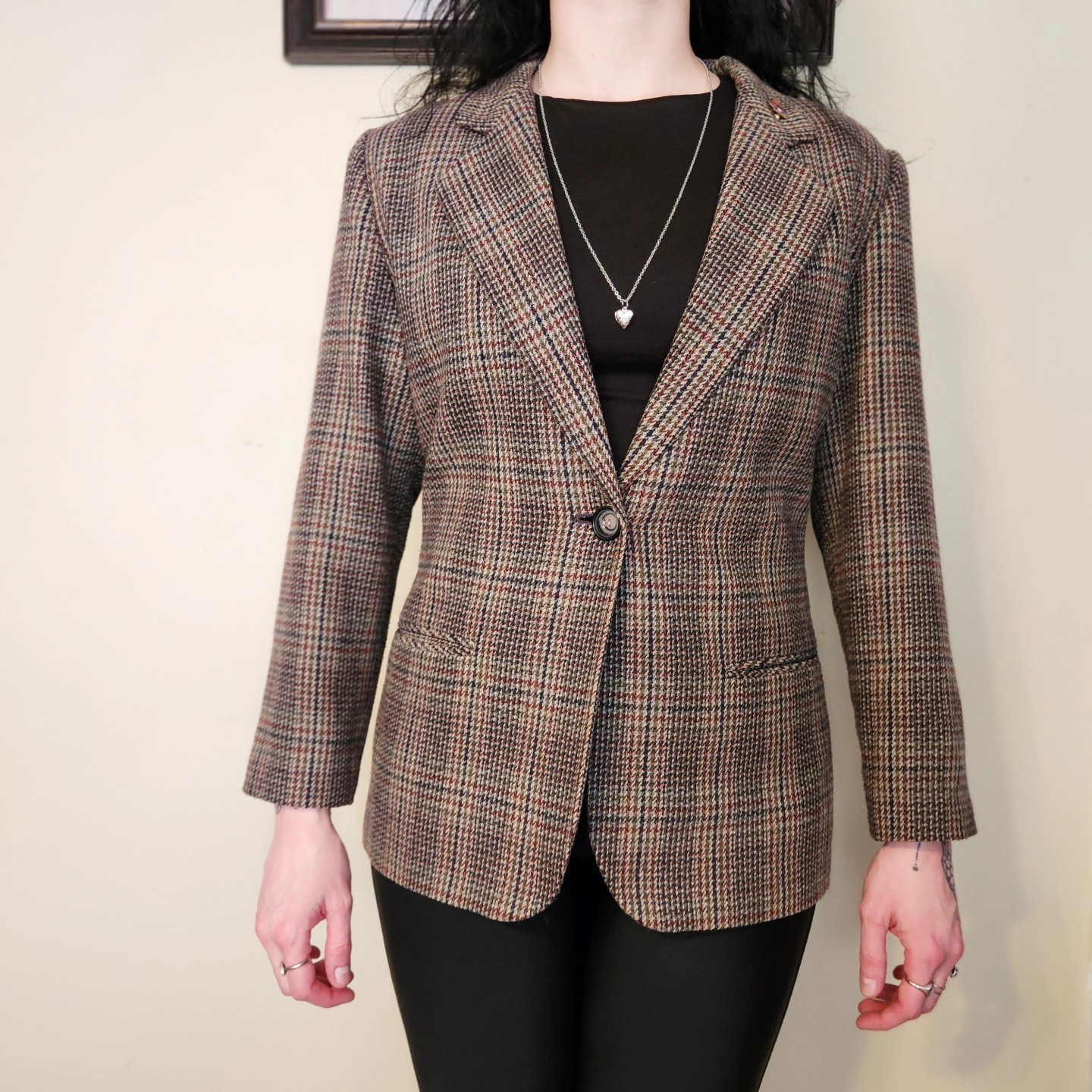 Vintage 1990s Sag Harbor Wool Tweed Plaid Blazer with Pin