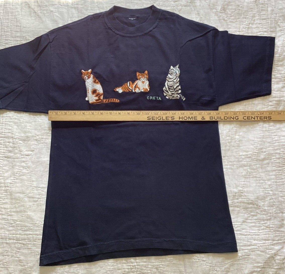 Womens Cats T Shirt Embroidered Creta Crete Greece SZ ? Dark Blue Vintage