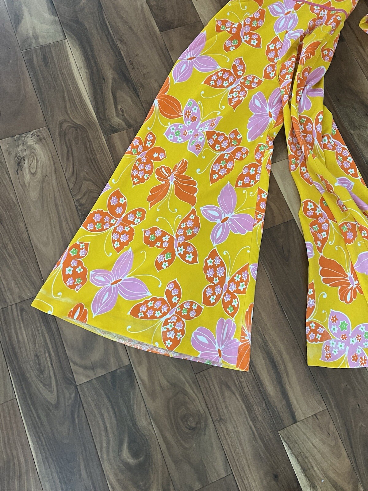 Vtg Adde’ Floral Yellow Pink Butterfly Pantsuit 70s Pantsuit rare