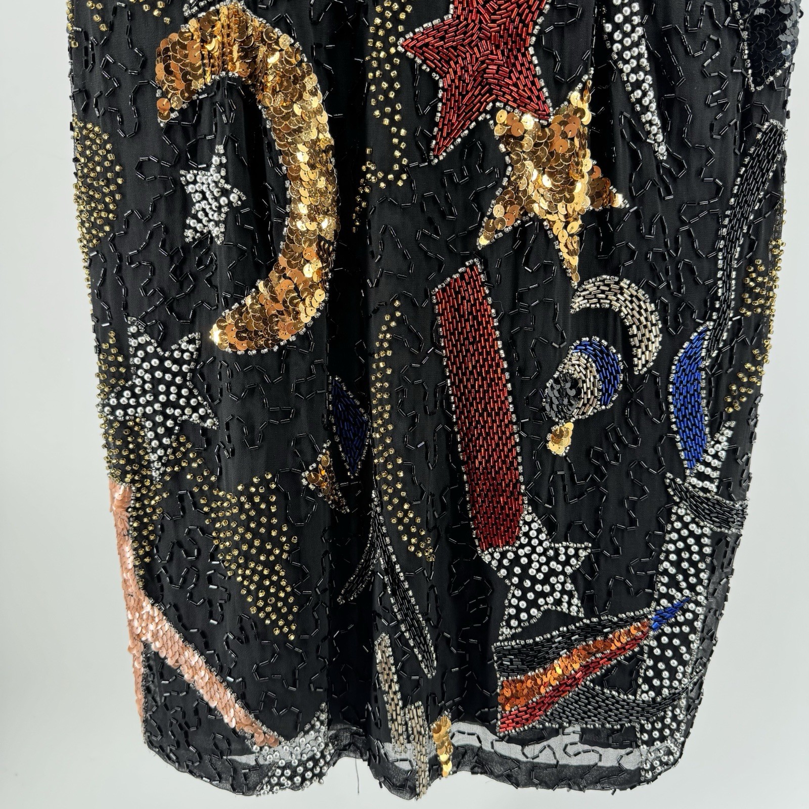 Night Line Laurence Kazar Beaded Sequin Dress 12 VTG 80’s Silk Celestial Art