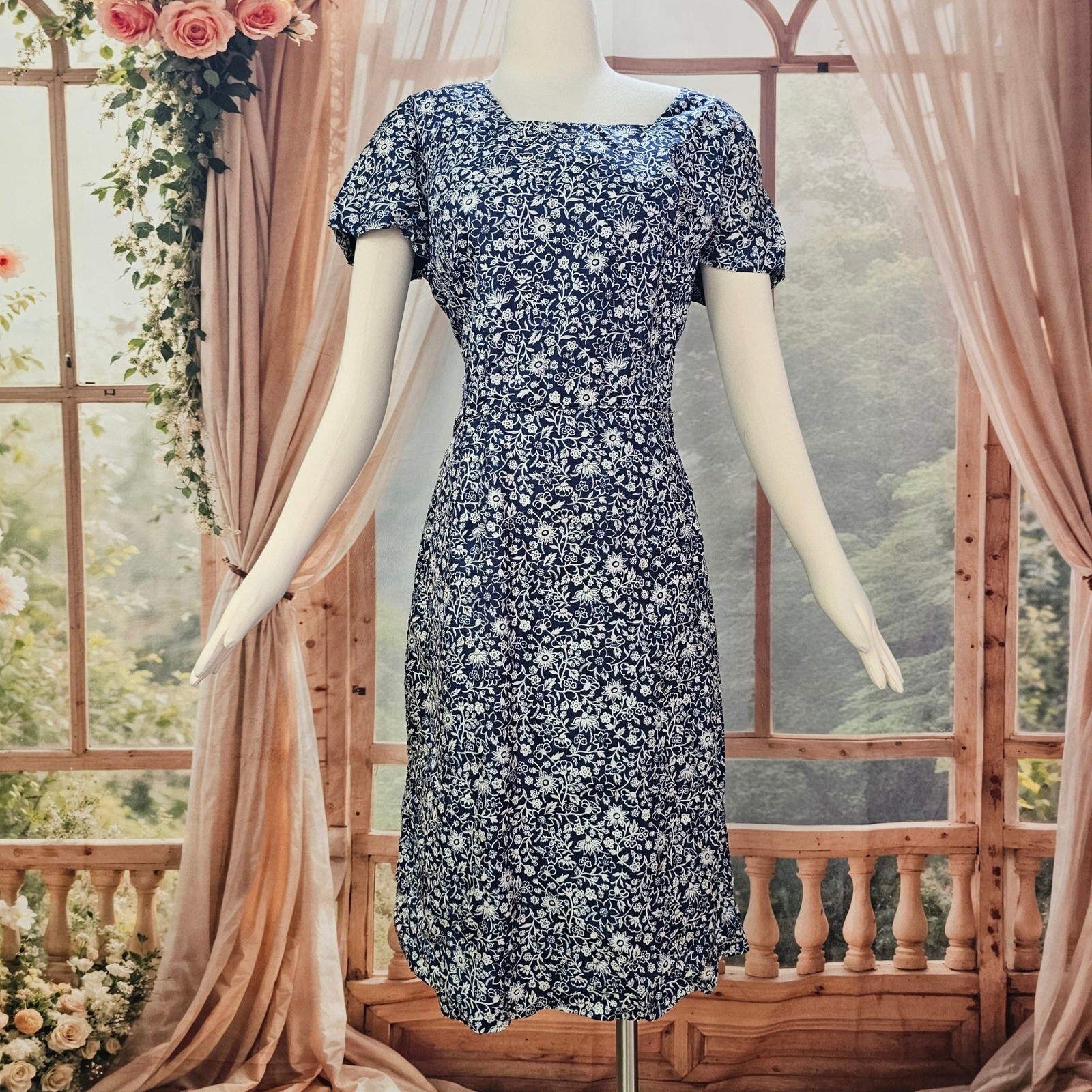 Vintage 1950’s Dress Brewster Navy Blue Floral Square Neck Fitted Pinup as is