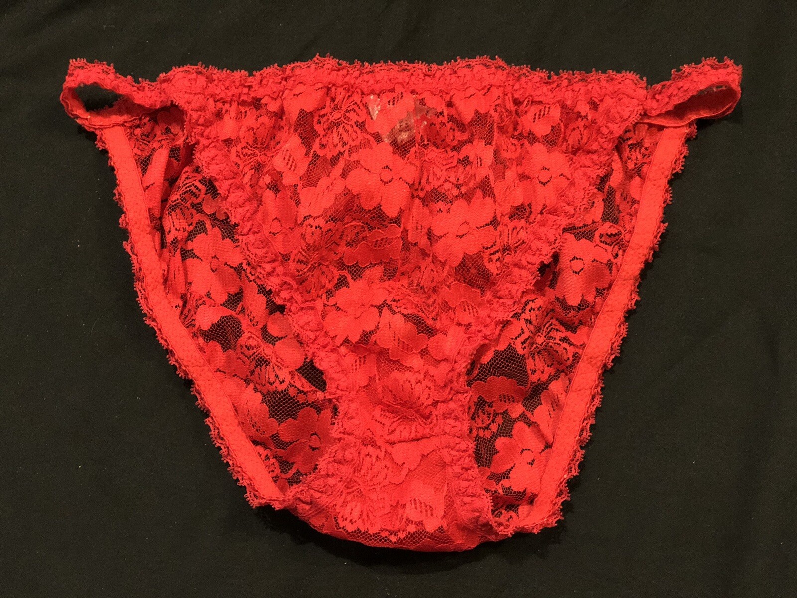VINTAGE Dolores Red Poirette Black Dacron Poly Lace String Bikini Panties 80s L