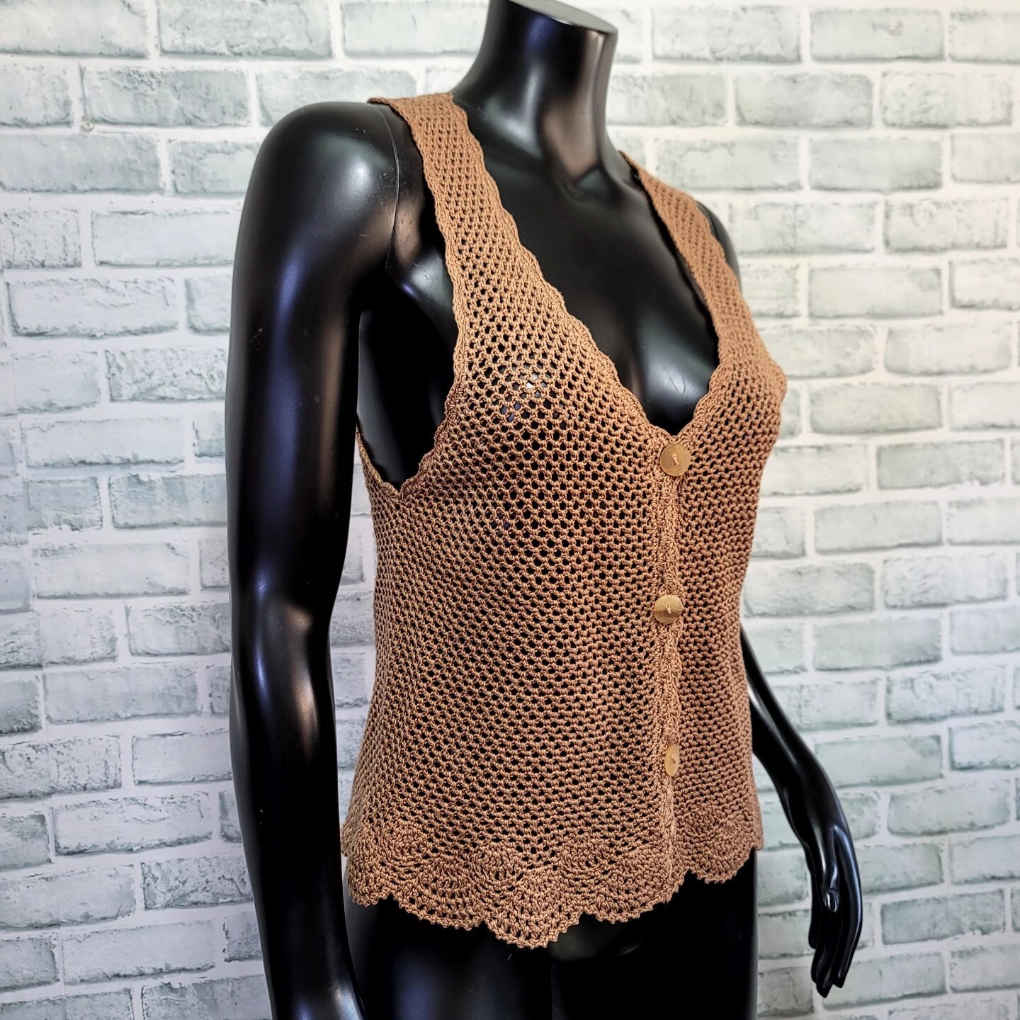 Vintage 90s Does 70s Island Spice M Crochet Knit Vest Top Buttons Hippie Boho