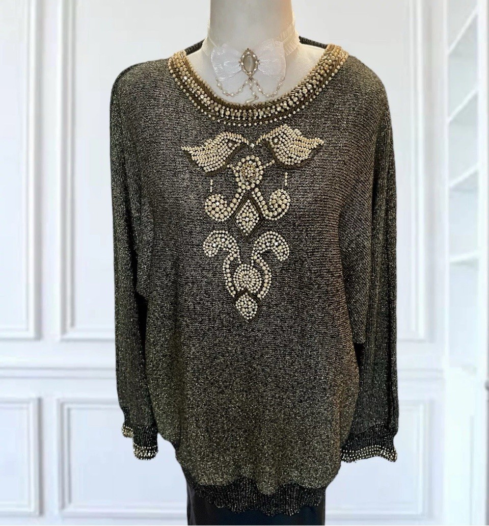 Vintage Sweater McBling Pearl Beads Glam Fairy Goth Evening Knitwear Gold Foil L
