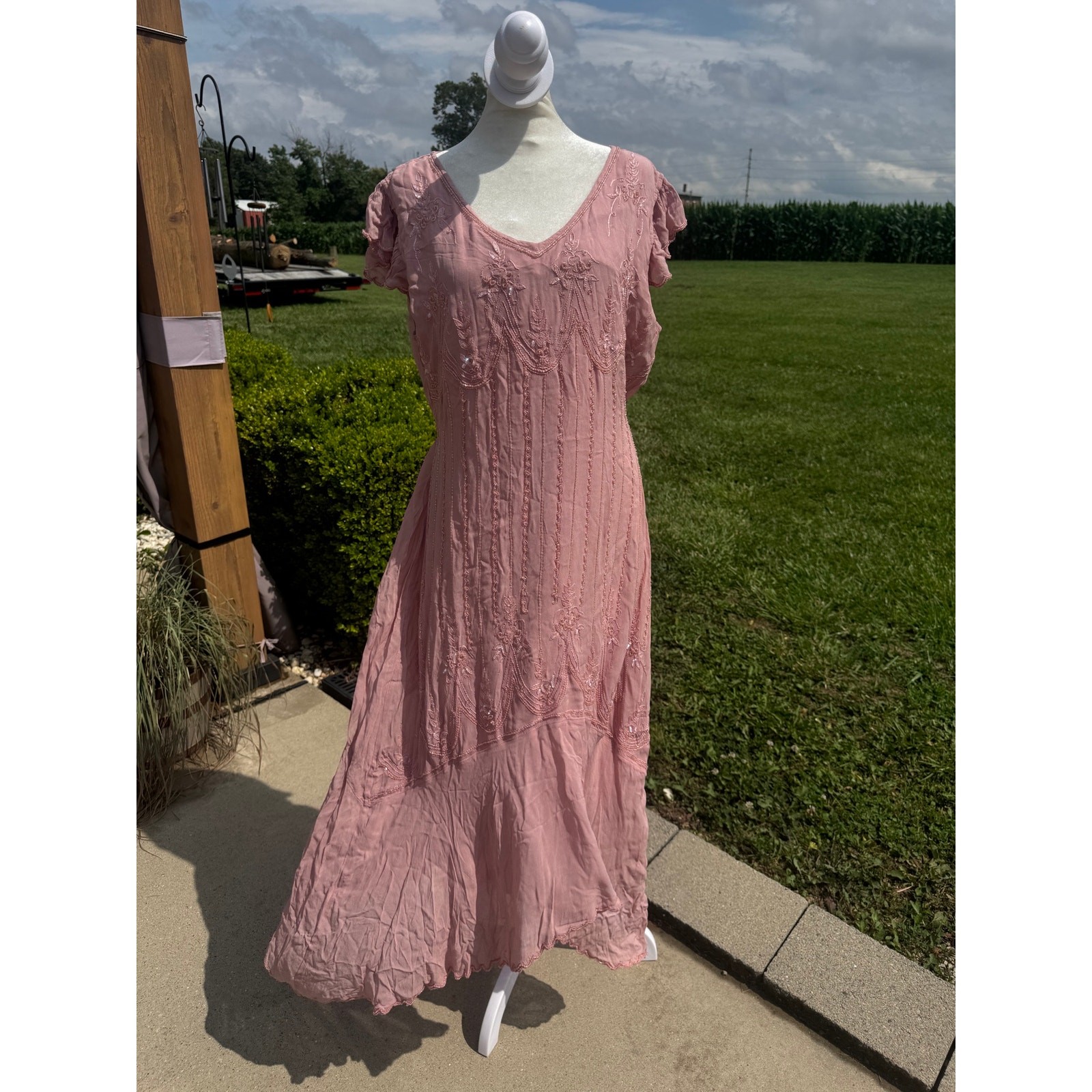 Vtg Y2K Papillon Dress L Pink Beaded Sequin Flutter Sleeve Midi Handkerchief