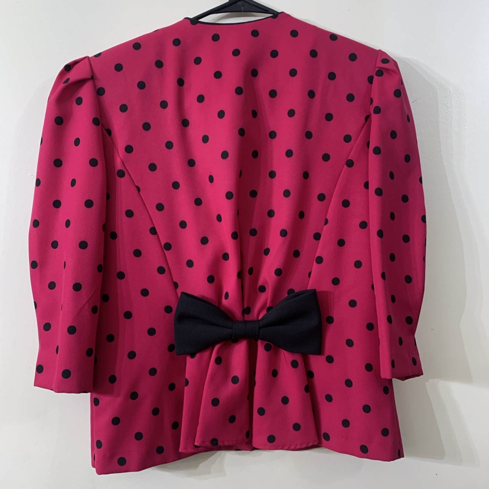 VTG 1980s Hot Pink Black Polka Dot Blouse Size M Secretary Retro Barbie Minnie