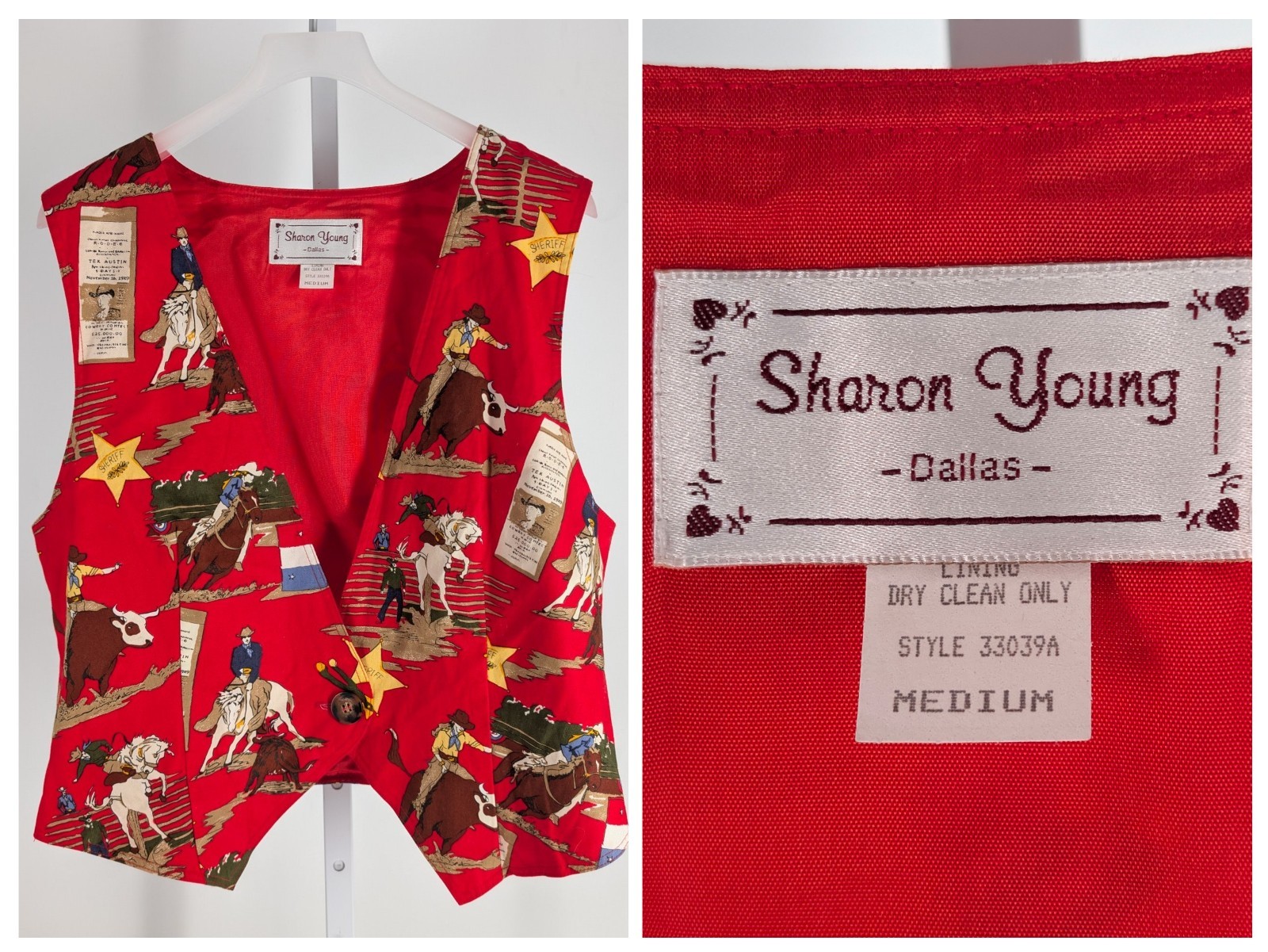 Vintage Sharon Young Vest Western Cowboy Rodeo Bull Riding Print Red Novelty M