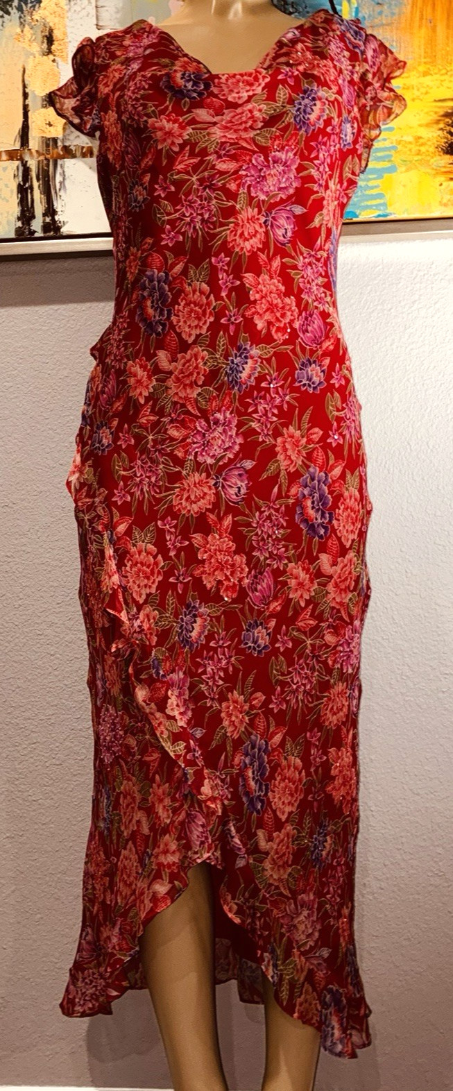 VTG Robbie Bee 100% Silk Red Floral Midi Slip Dress Fairy Chiffon Women’s 14