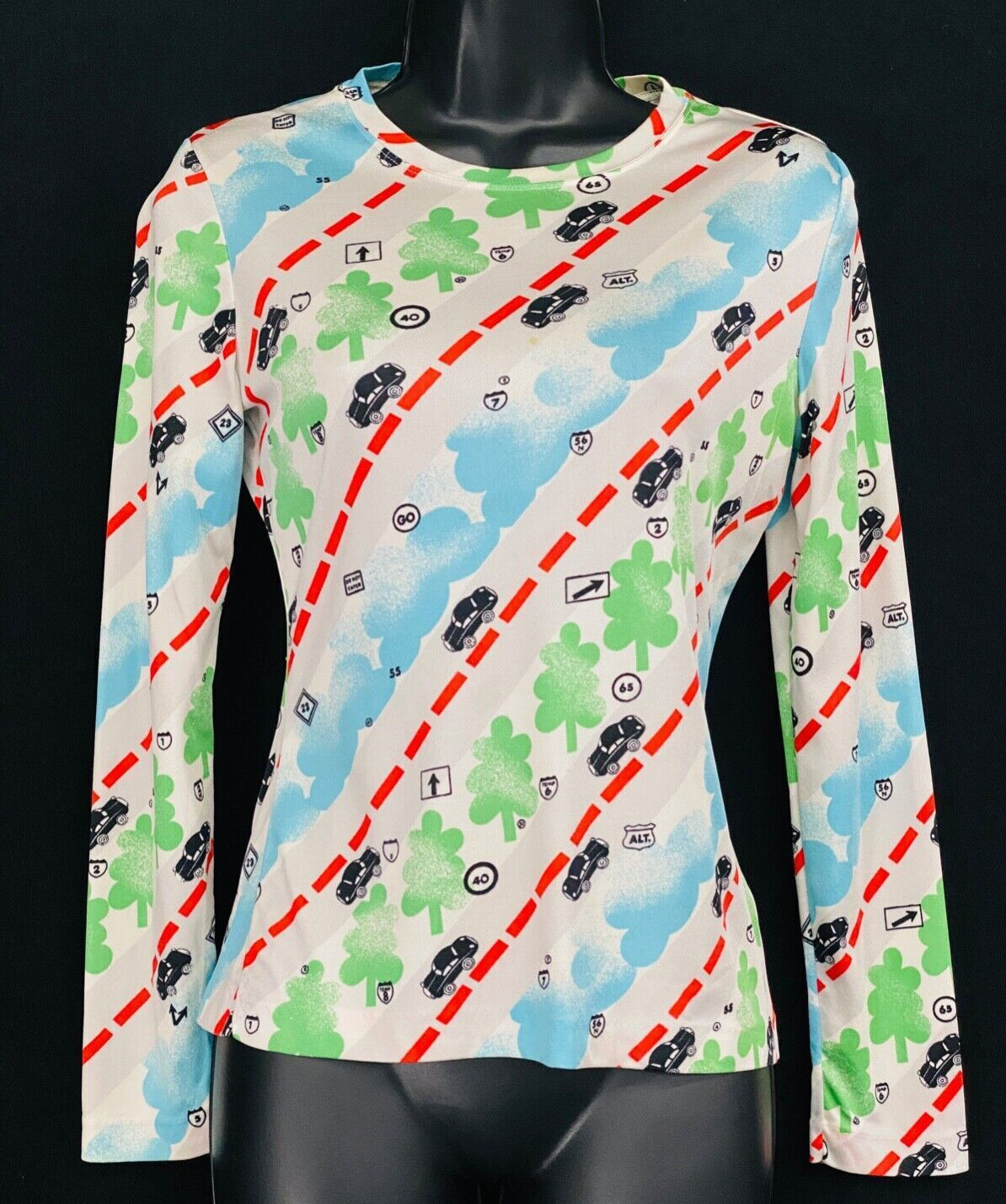 Vintage 1970s novelty print shirt, roads cars map deadstock blouse top Red Eye
