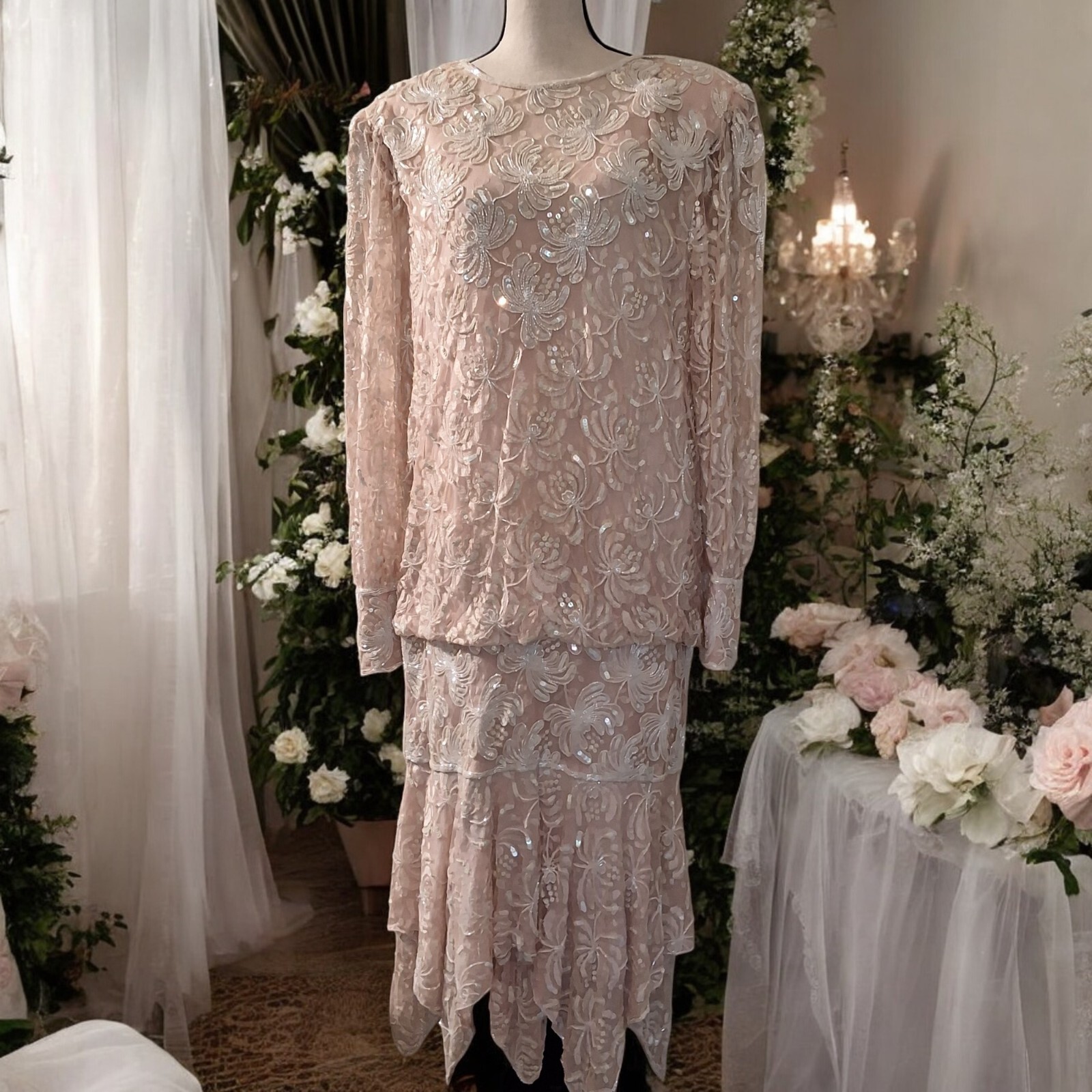 Vintage Showmax Beaded Dress Drop Waist Handkerchief Hem SZ L Mother of Bride