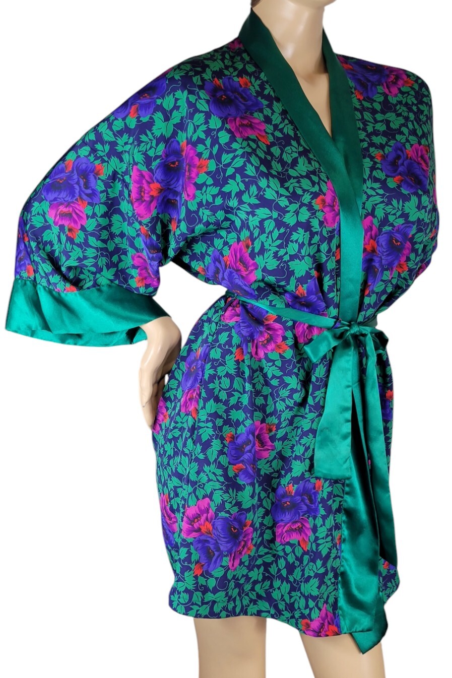 Vtg Victoria’s Secret Gold Label Poly Satin Green Purple Pink Red Floral Robe OS