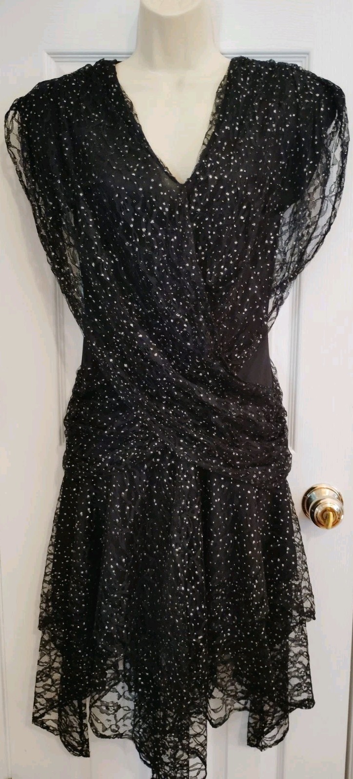 1980 PUNK GOTH FAIRY prom dress black silver lace layers handkerchief 8/10 USA