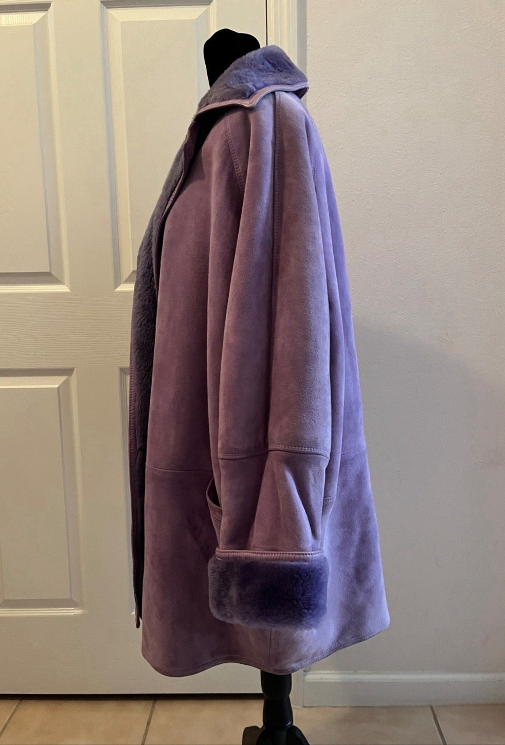 Vintage GIANNI VERSACE Purple Leather & Faux Fur Oversized Long Coat, Signed