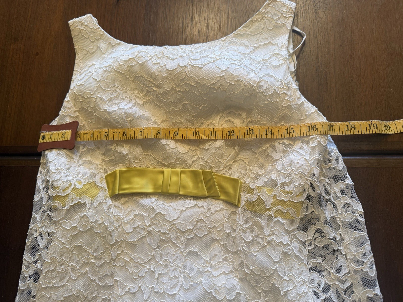 Victorian Ivory Lace Slip Dress 1960s Floral Long 53” SZ 9 Chartreuse Ribbon