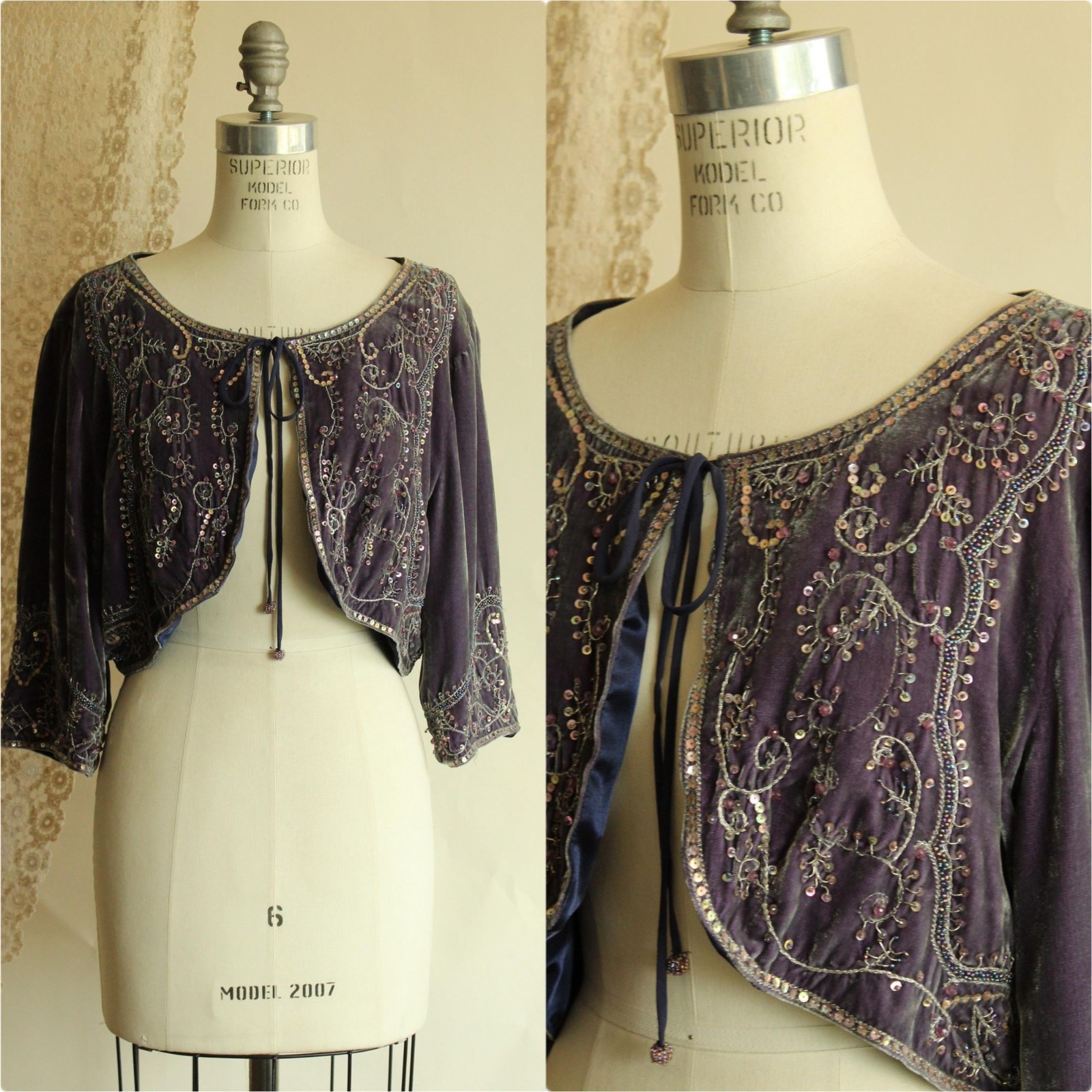 Vintage 1990s 2000s Jacket, ECI Purple Velvet Bolero Shrug with Beading, Size L