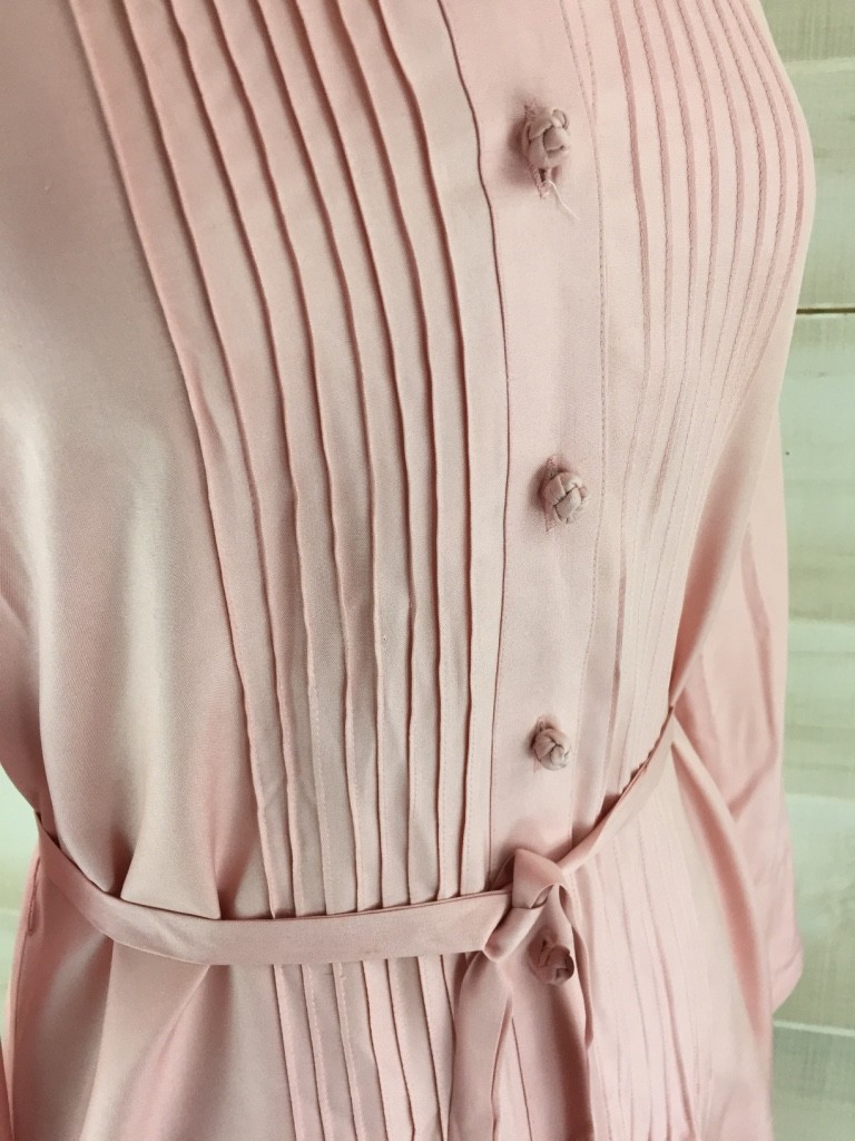 Vintage 70s 100% silk pink pin tuck belted tunic dress pockets mandarin collar M