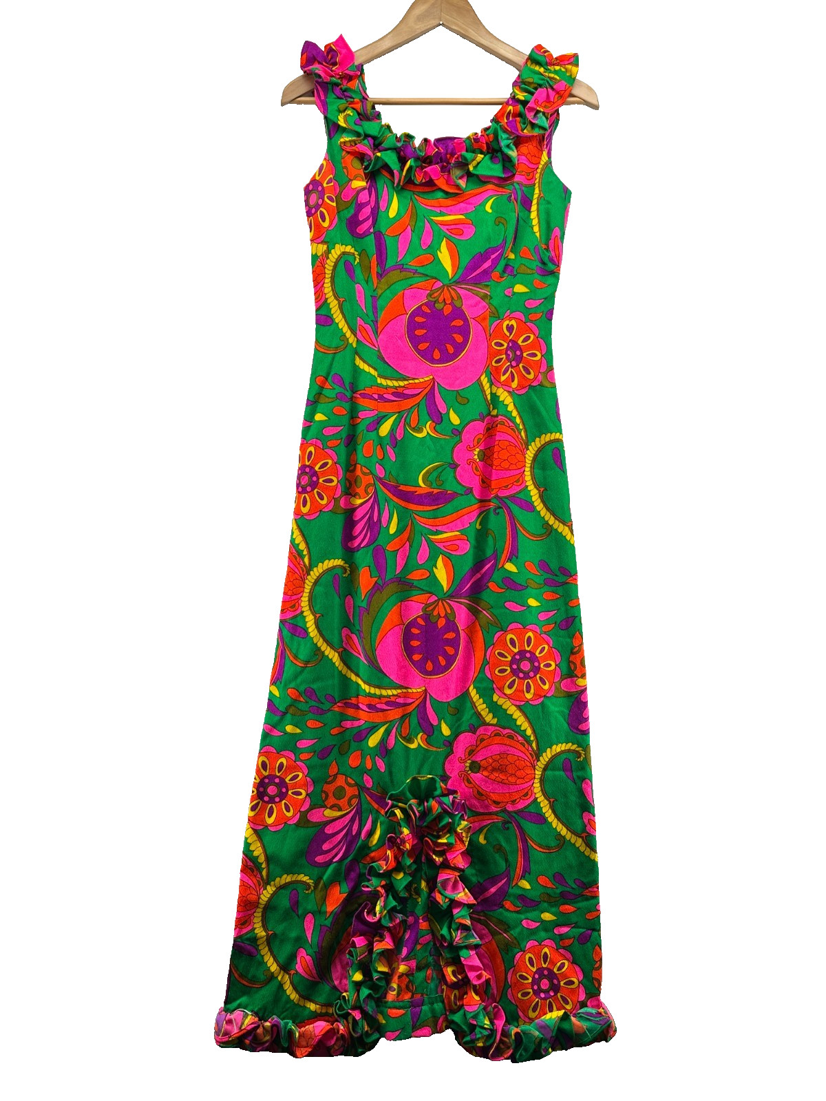 Vintage Psychedelic Maxi Dress Green Colorful Barkcloth Sun Fashions Of Hawaii