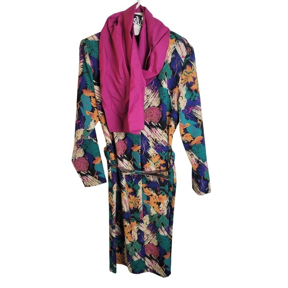 NWT VTG EJM Bold Green Blue Abstract Belted Dress with Scarf Women’s Size 6P