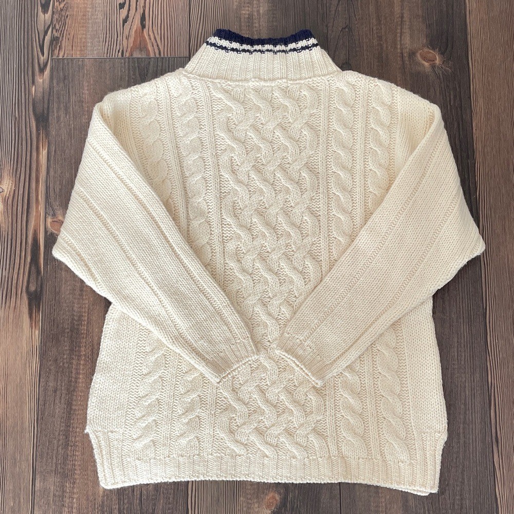 Vintage Aran Crafts Cream Cable-Knit Turtleneck Sweater Navy Trim Merino Wool