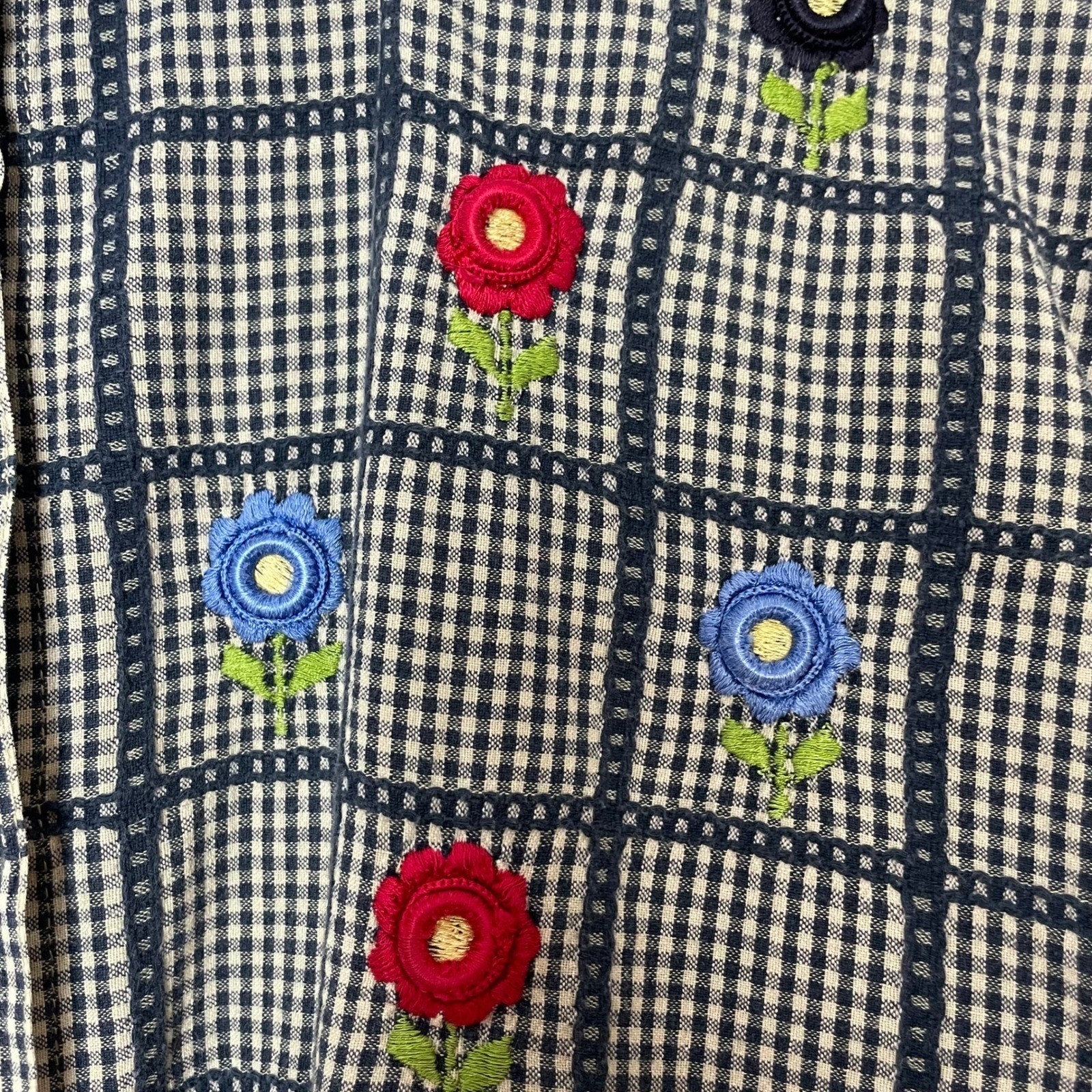 Vintage Gingham Shirt Floral Embroidery Women Size Large Cotton Country Twee Top