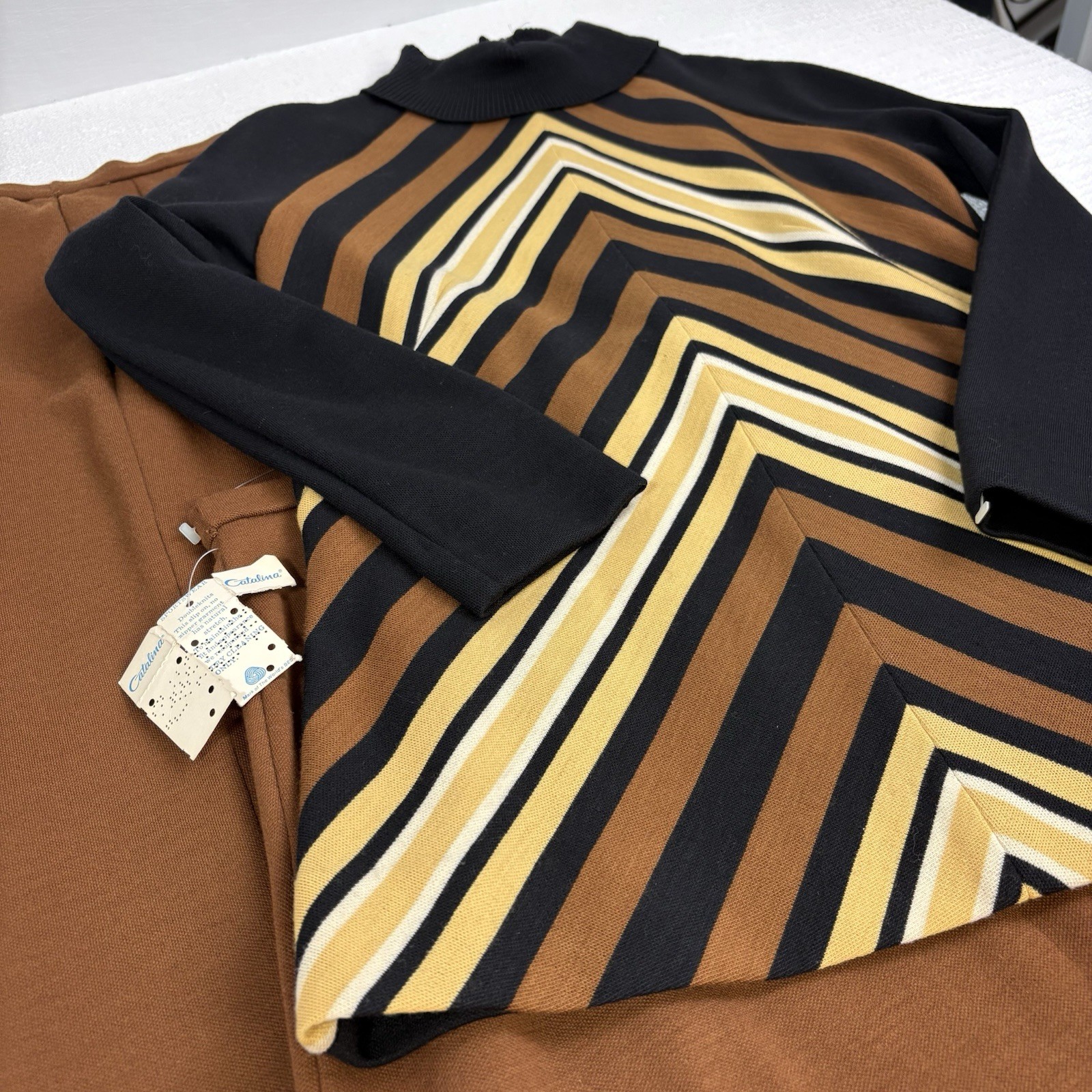 Vintage Catalina Wool Knit 3 Piece Set Top Skirt Pants Mod Chevron Womens NEW