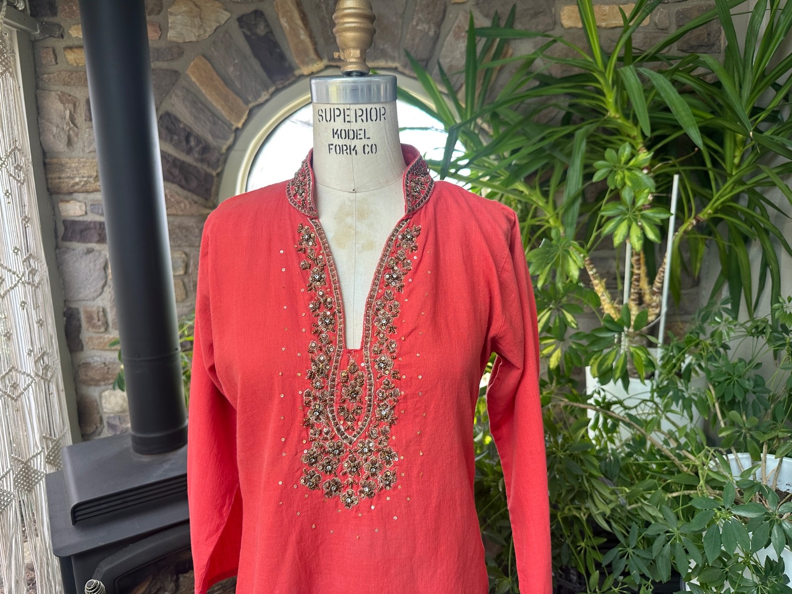 Vintage 1970s Bohemian Terracotta Embroidered Cotton Peasant Tunic Shirt Indian