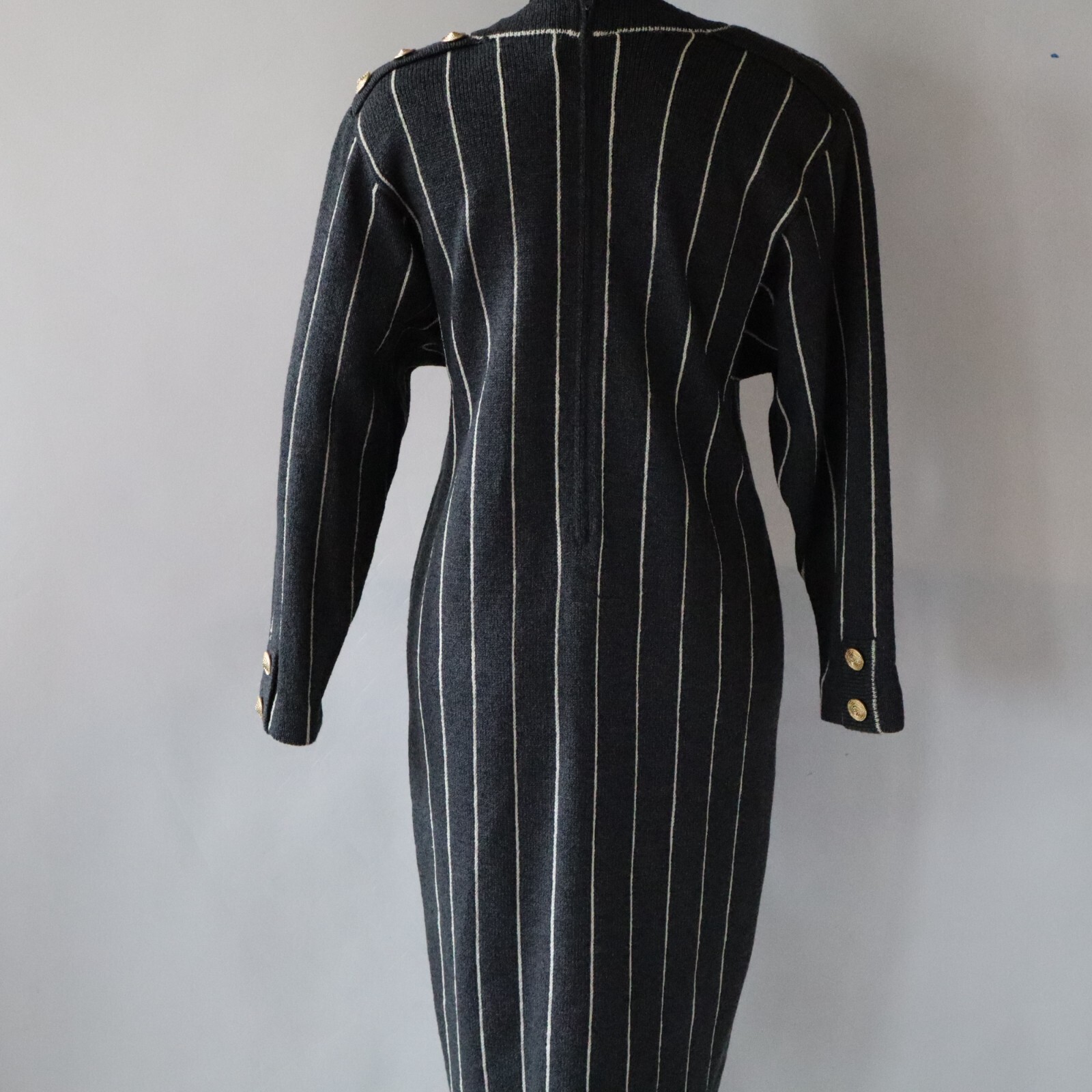 Vtg Don Sayres Wellmore Wool Knit Dress Navy Blue Pinstripe Long Sleeve Sz 10