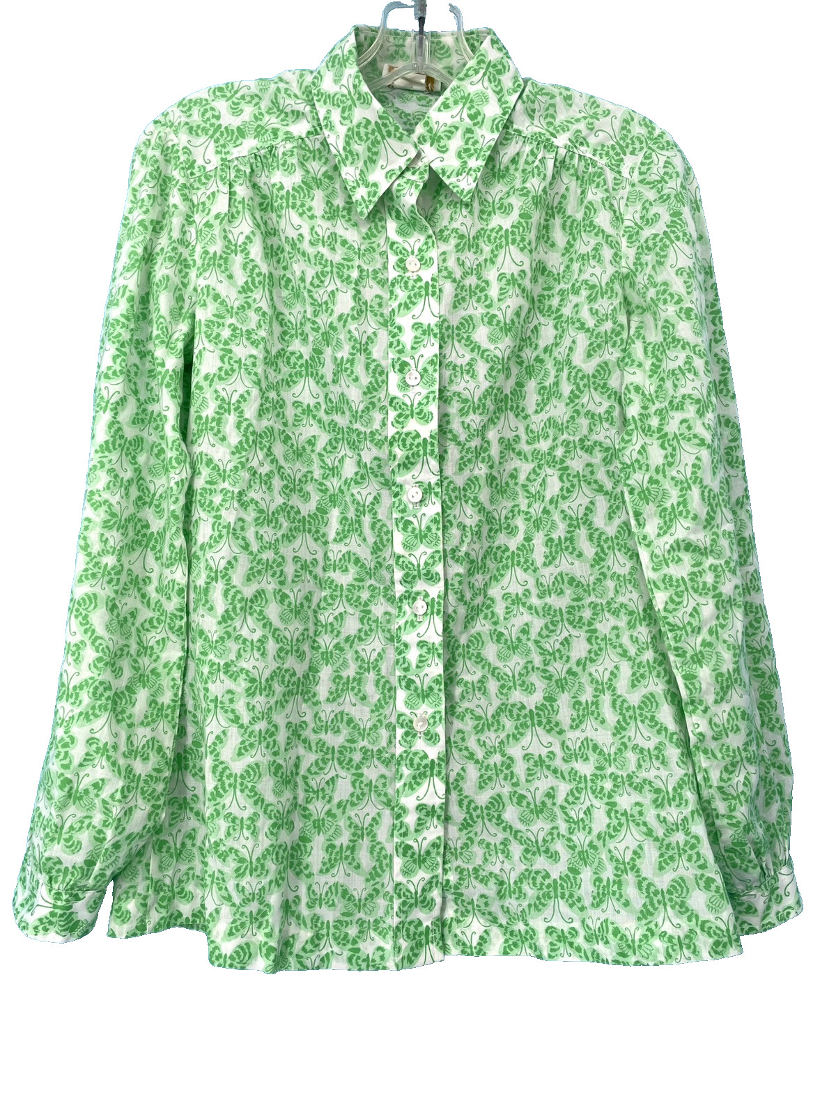 Vintage 1970s Green Butterfly Print Hippie Sheer Boho Summer Peasant Top sm/md