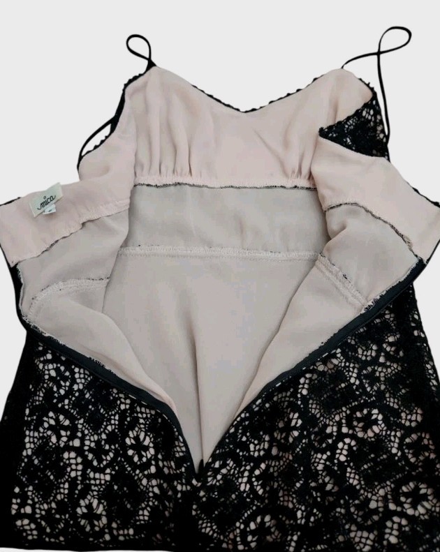 Mica Vintage 90s Black Lace Crochet Light Pink Lining Dress Women SZ 6