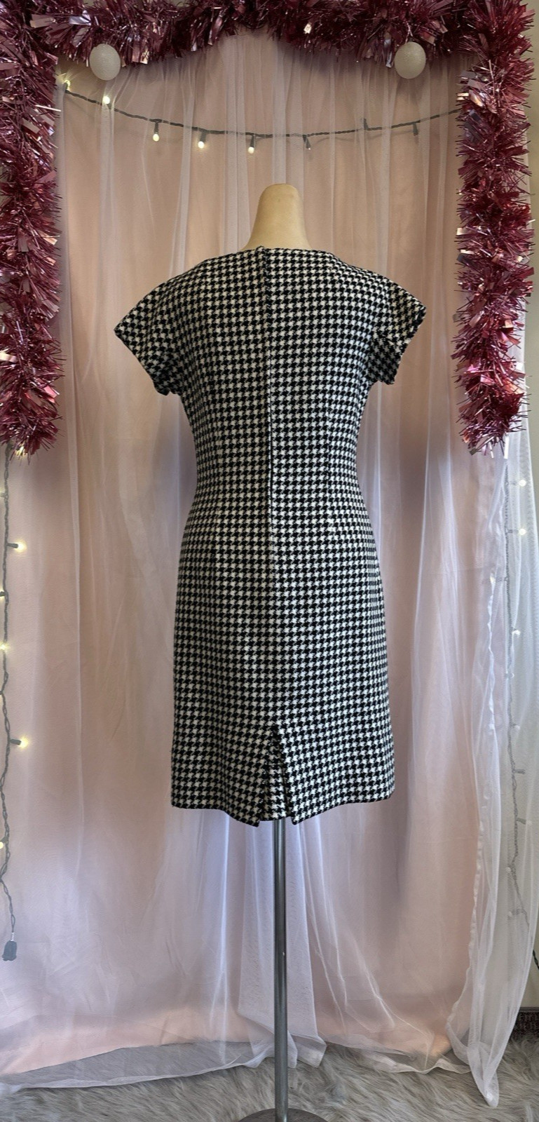 Vintage 60s Mini Dress Black White Houndstooth Preppy Mod Wool S