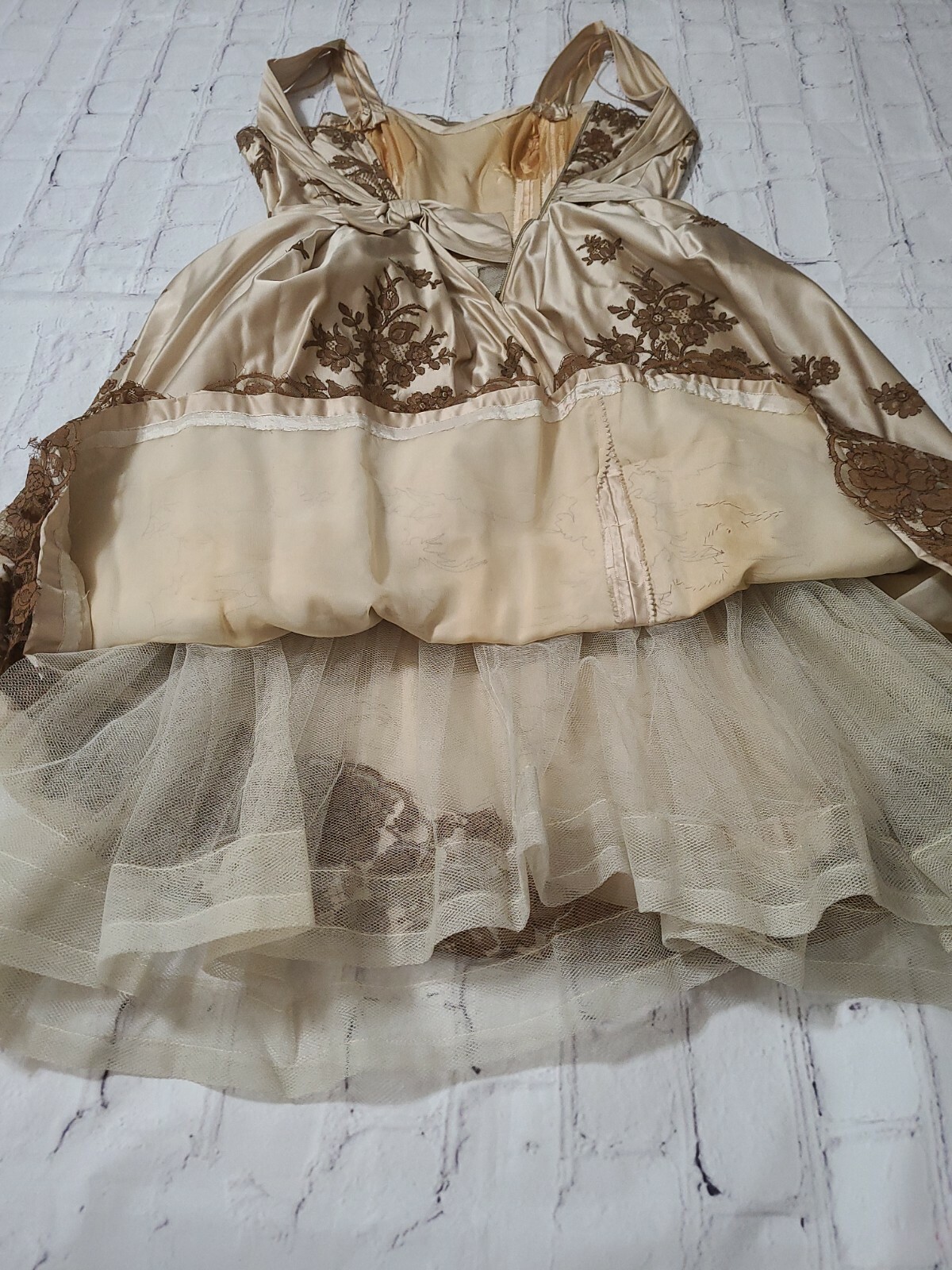Ceil Chapman Evening Gown Dress Womens 14 Satin Silk Tulle Applique 50s FLAWS