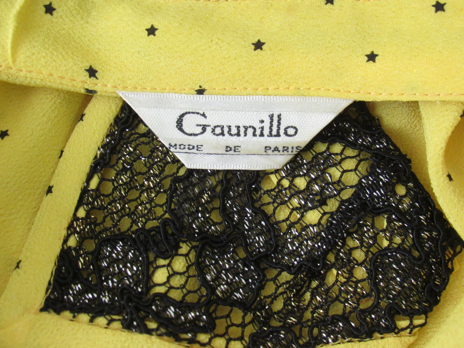 VTG 1980s GAUNILLO OF FRANCE DESIGNER SKIRT & TOP YELLOW BLACK & SILVER LACE
