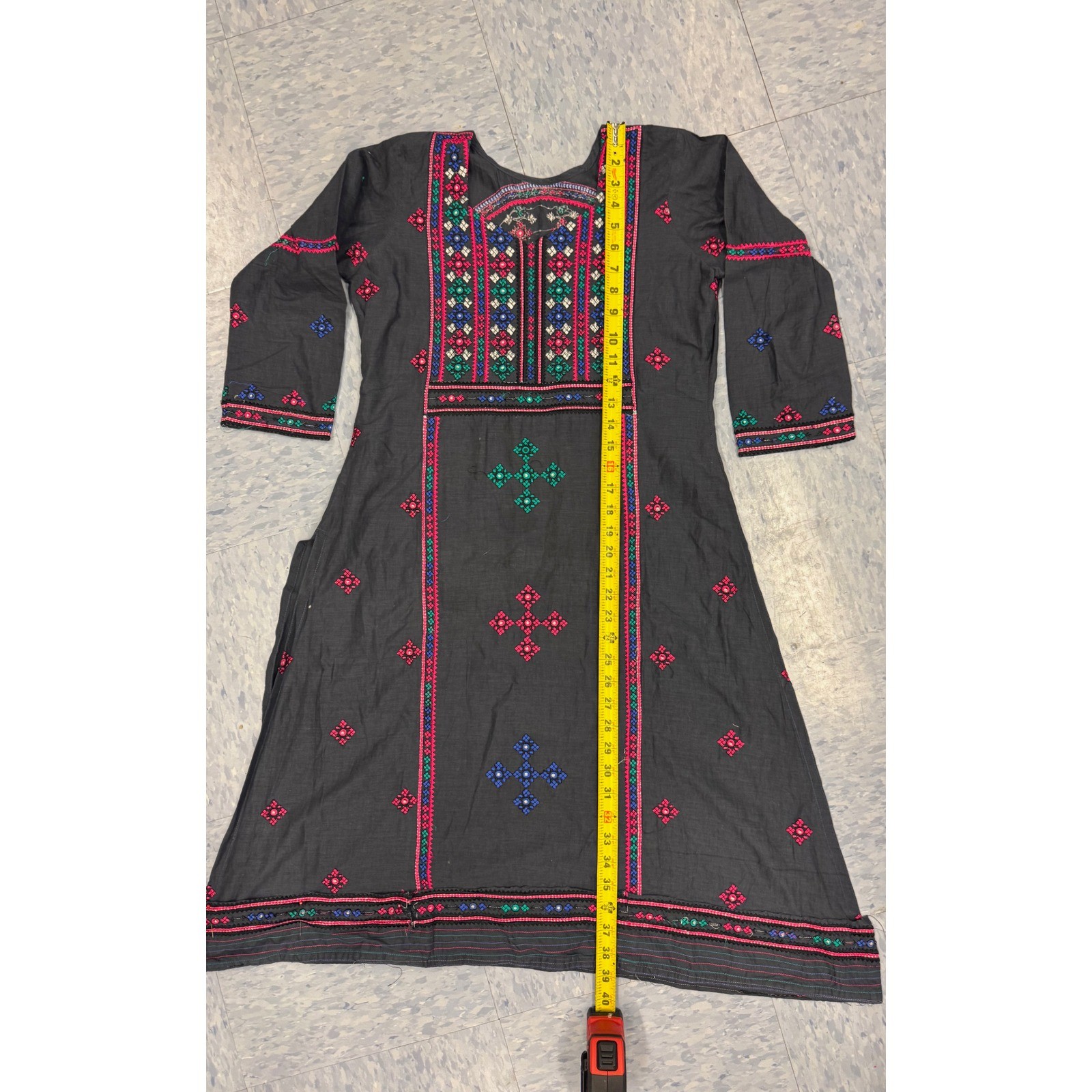 Vintage Ethnic Embroidered Tunic Dress Black Pink Boho Shisha Mirror Midi Kurta