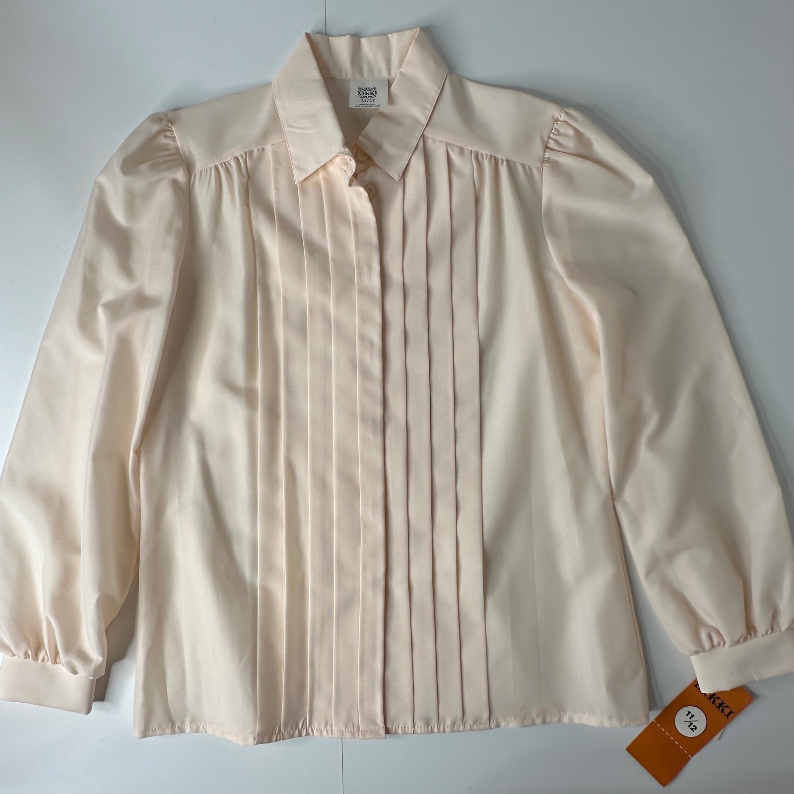 Vtg Nikki Secretary Blouse Peach Pink Pleated Front Puff Shoulder 80s Sz 11/12