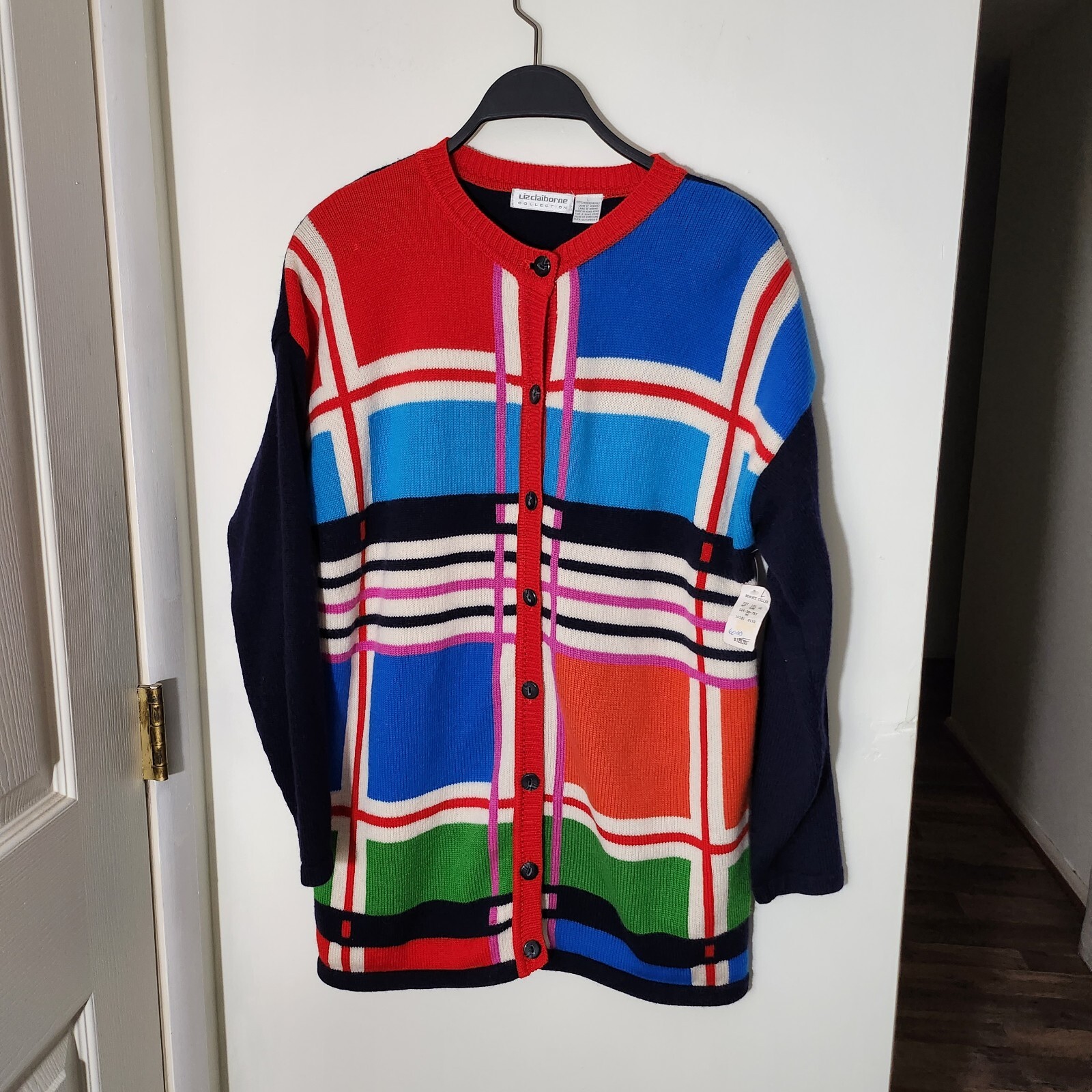 Vintage 90s Liz Claiborne Collection Blue Color Block Merino Wool Cardigan…