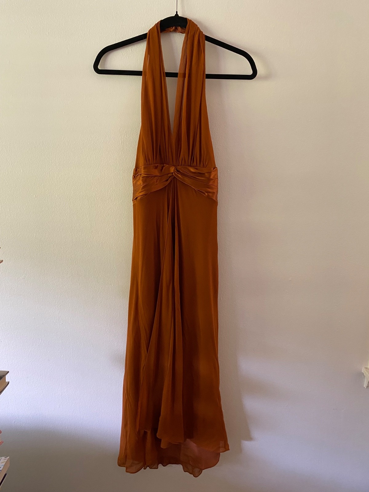 Vintage 100% Silk Burnt Orange Rust Halter Neck Chiffon Dress Boho Formal 6