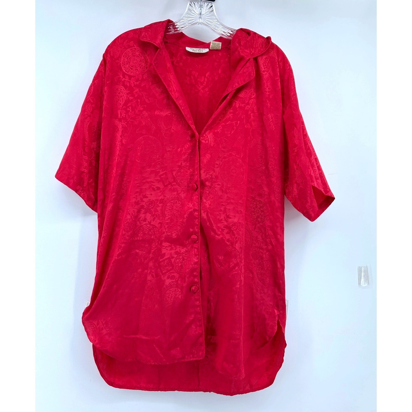 Vintage Victorias Secret Red Jacquard Satin Sleep Shirt Button Front P/S Floral